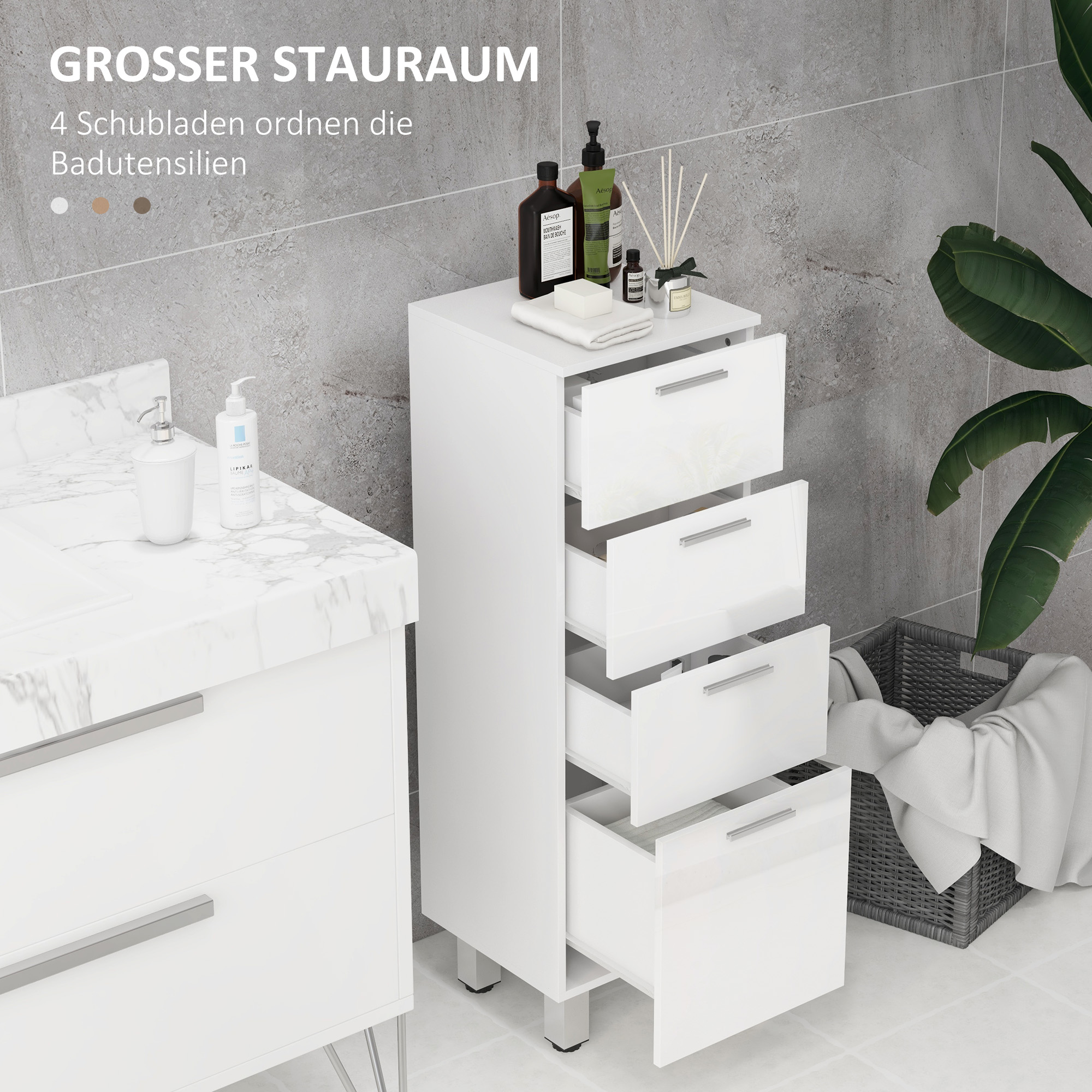 Badezimmerschrank, Badschrank, 4 Schubladen, Spanplatte, Glatt, Weiß