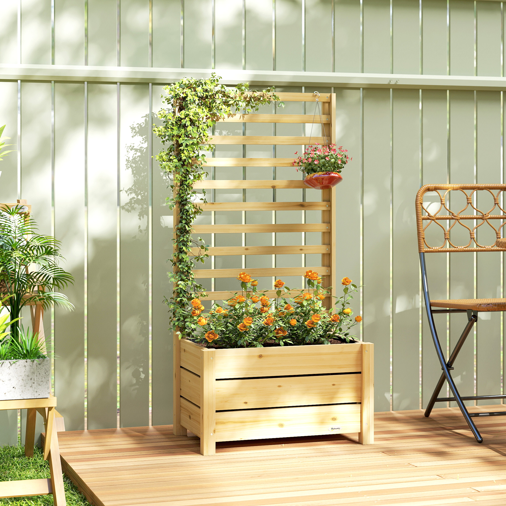 Hochbeet Mit Rankgitter Holz Erhöhter Blumenkasten Mit Spalier Abflussloch Vliesstoff 60 X 39 X 120 Cm Naturholz