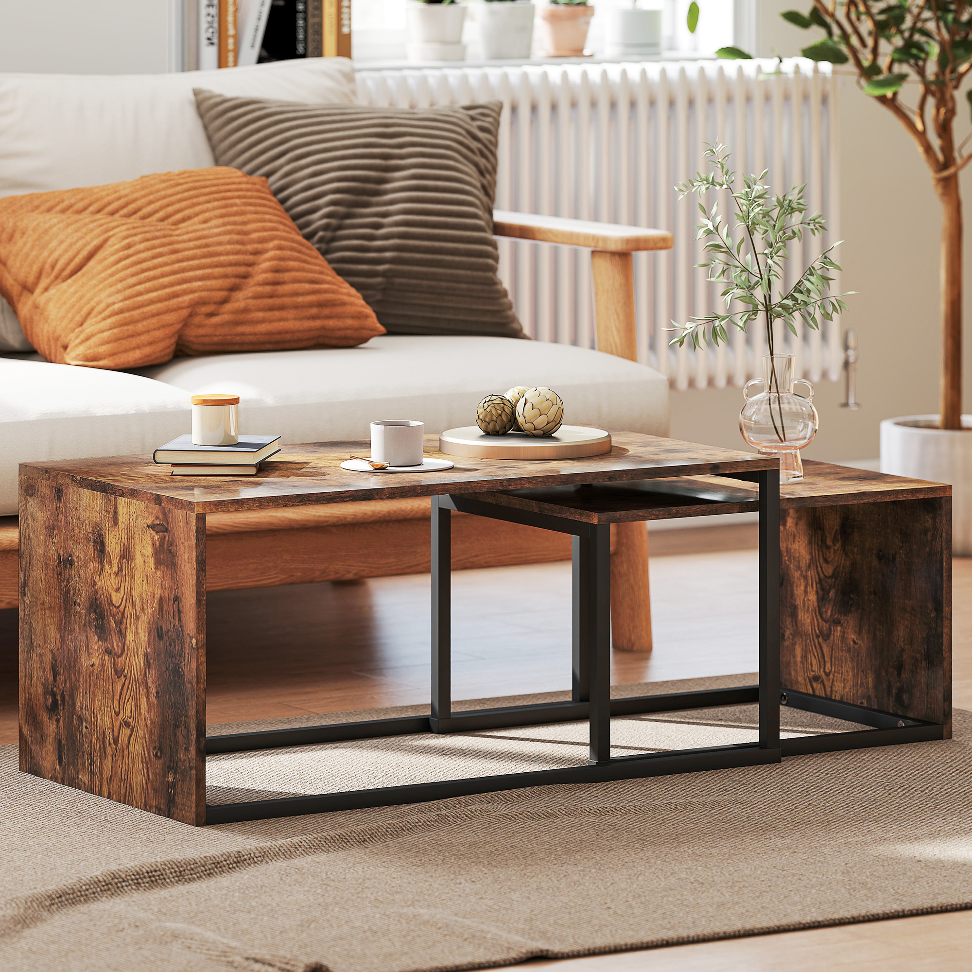 2er-Set Couchtisch, Sofatisch, Beistelltisch, Spanplatte, Metall, 90 X 48 X 42 Cm/59 X 42 X 36 Cm, Schwarz+Braun