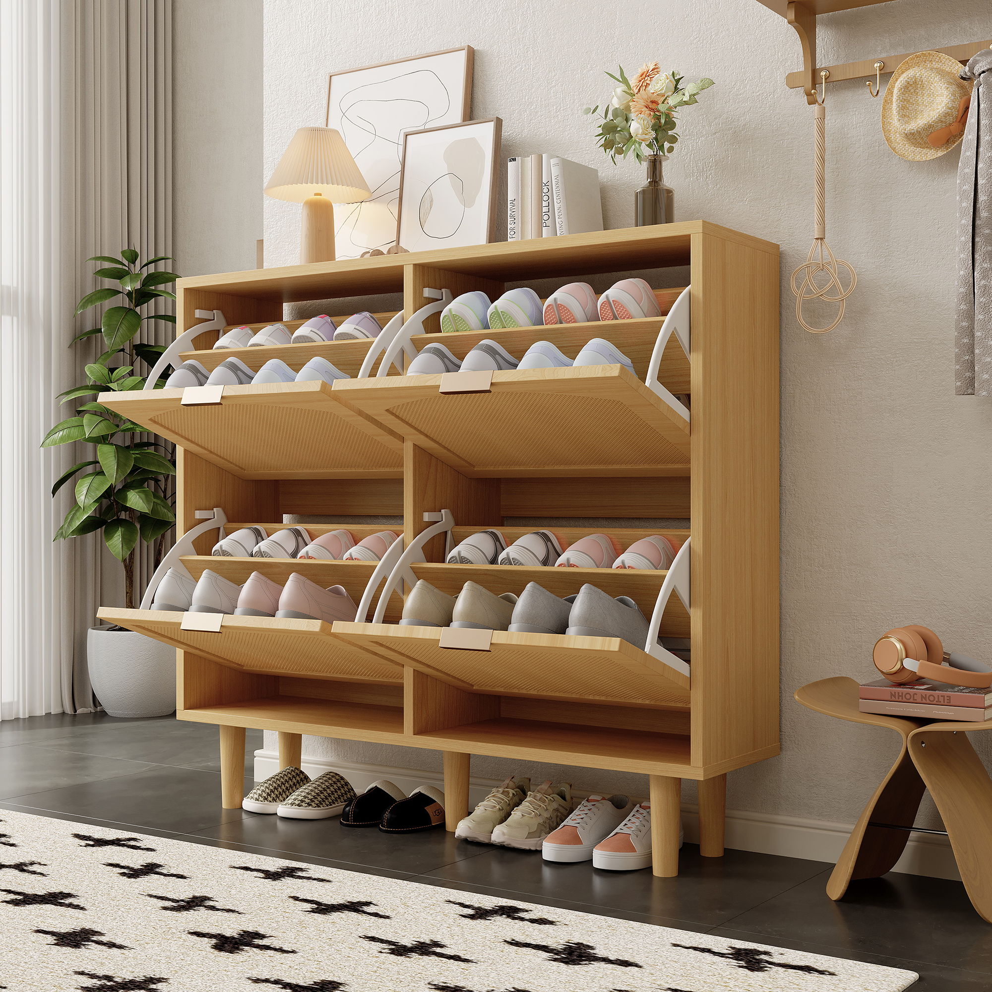 4-Drawer Narrow Rattan Shoe Cabinet, Farmhouse Slim Shoe Storage Cabinet, Space-Saving Storage For 16   Pairs, 10 0 X 25 X 90 Cm, Light Oak