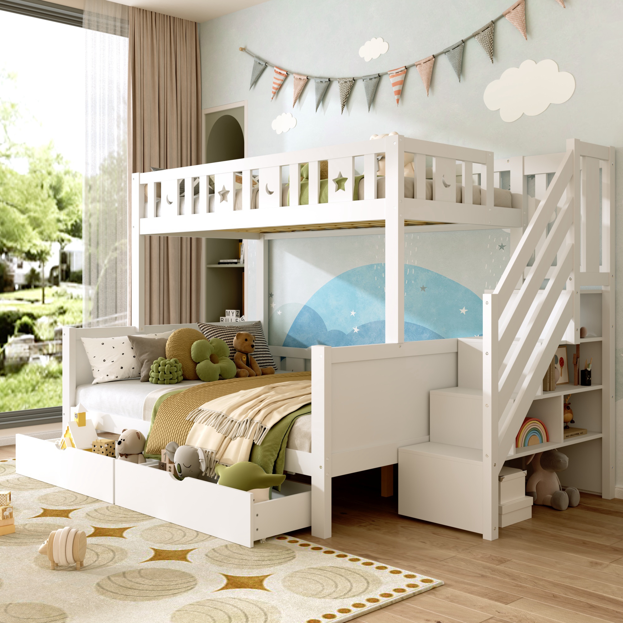 Bunk Bed With Two Storage Drawers And Side Hidden Storage Compartments, Solid Wood Loft Bed Frame With Space-Saving Design, Safety Guardrails & Staircase, Star And Moon Motifs, White   No Mattress