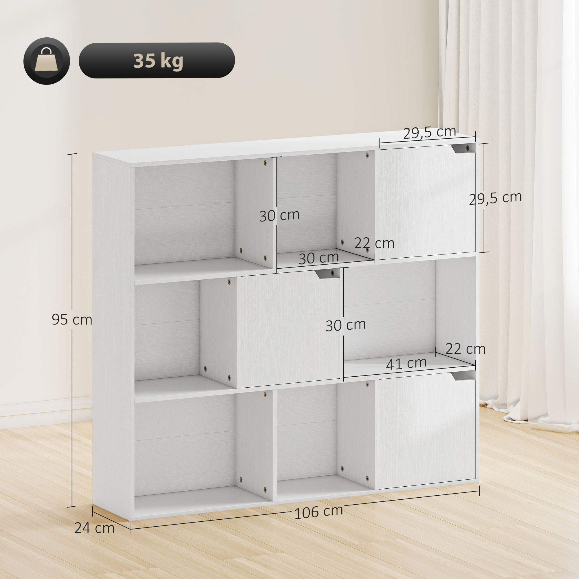 Bücherregal, 9 Fächern, 3 Türen, 6 Offene Regale, Für Wohnzimmer, Schlafzimmer, Spanplatte, Weiß