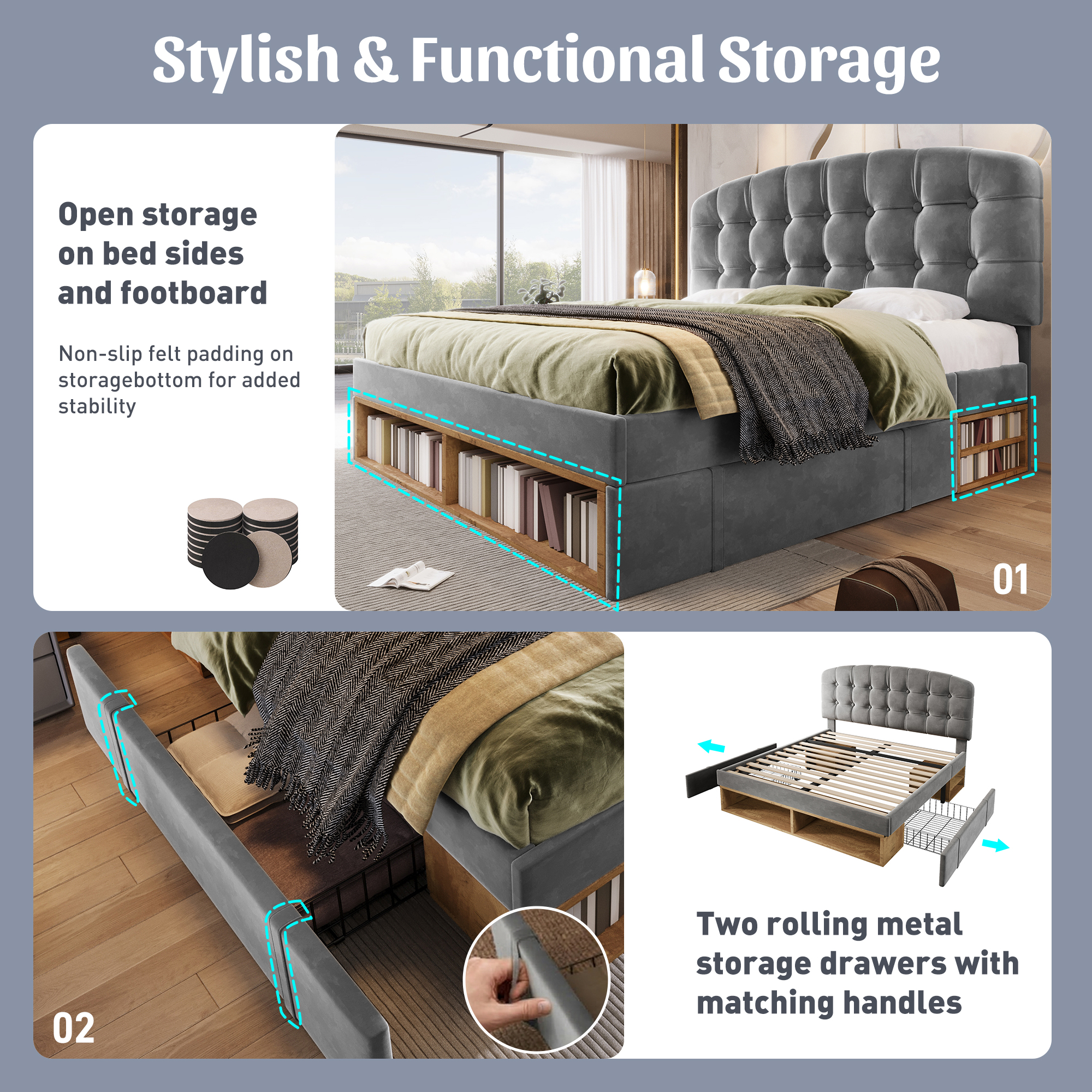Upholstered Double Bed With Storage Compartments And Drawers, 4ft6 Double Bed With Adjustable Headboard, 135 X 190 Cm, Velvet, Grey   No Mattress