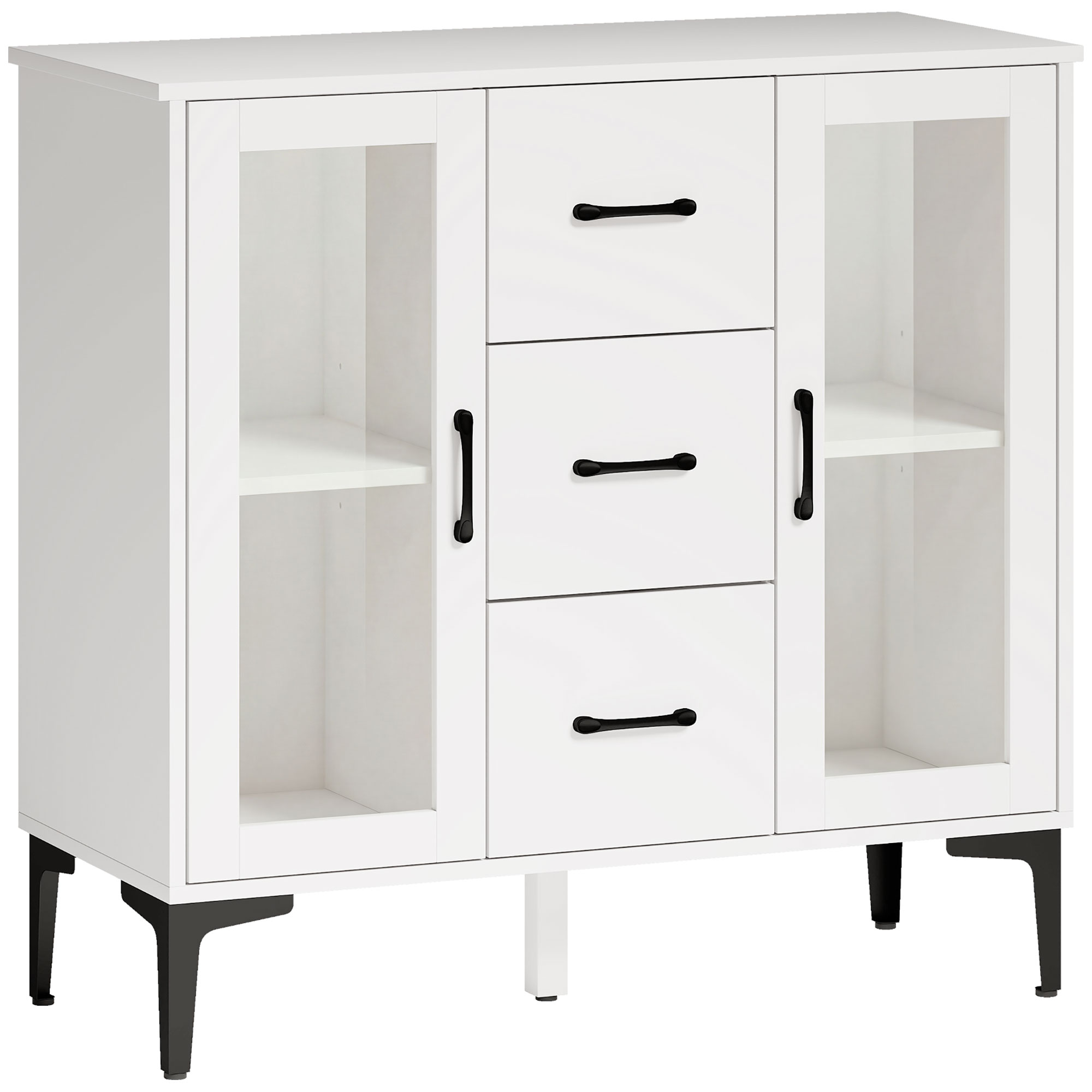 Modernes Sideboard Mit Soft-Close-Türen, Buffetschrank Mit 3 Schubladen, 2 Glastüren, Verstellbare Regale, MDF, Weiß