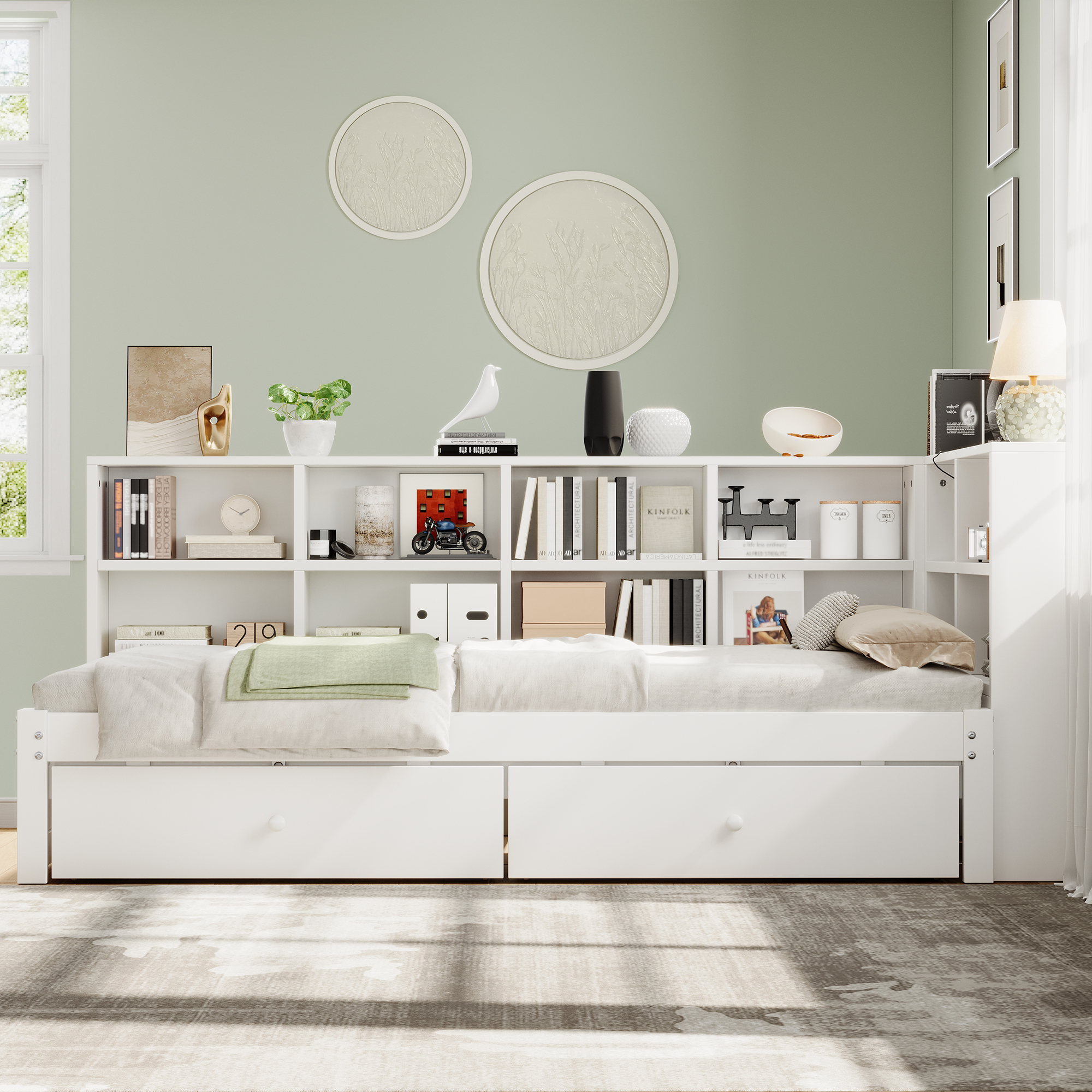 3ft Single Daybed With Two Storage Drawers And Beside Storage, Modern Pull-out Trundle Bed With Charging Station, Wood Bed For Living Room   Bedroom   Study Room, 90X190cm, White   No Mattress