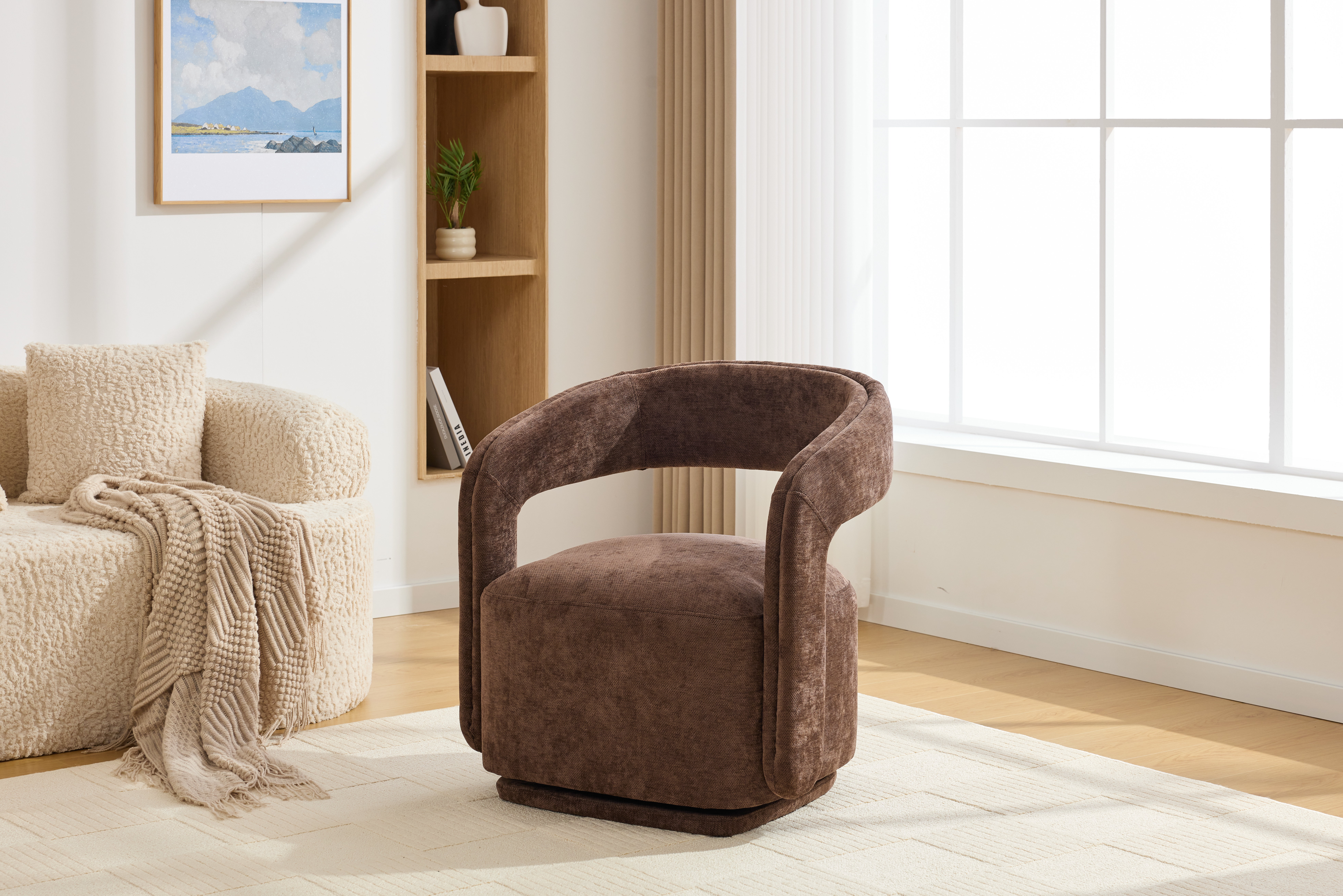 065 Chenille Fabric Accent Chair Armchair With Covered Wooden 360 Swivel Base — image 2