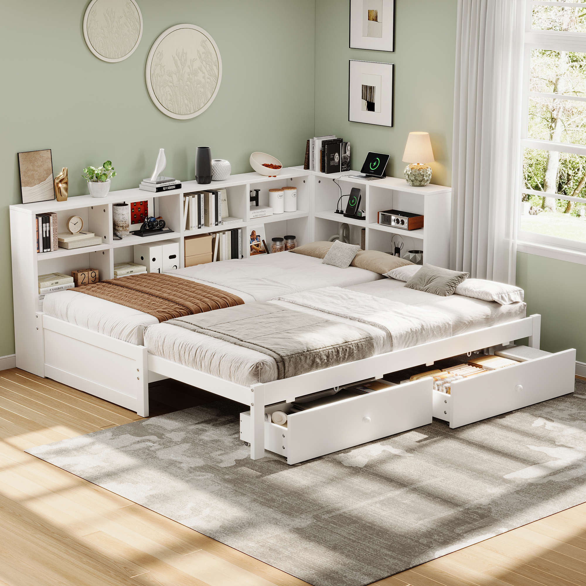 3ft Single Daybed With Two Storage Drawers And Beside Storage, Modern Pull-out Trundle Bed With Charging Station, Wood Bed For Living Room   Bedroom   Study Room, 90X190cm, White   No Mattress