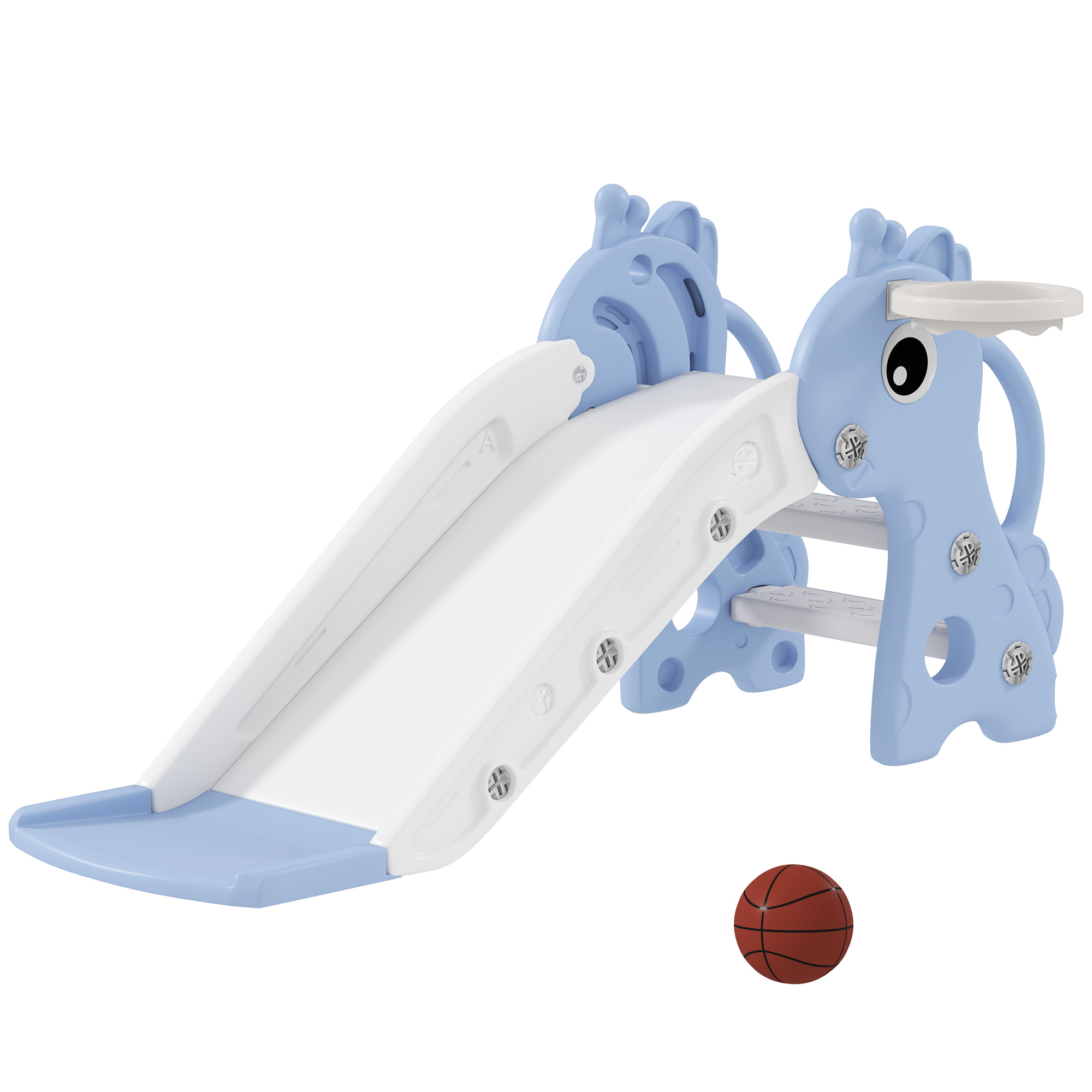 3-in-1 Rutsche Für Kinder, Giraffenform, Basketballkorb, Ball, Blau