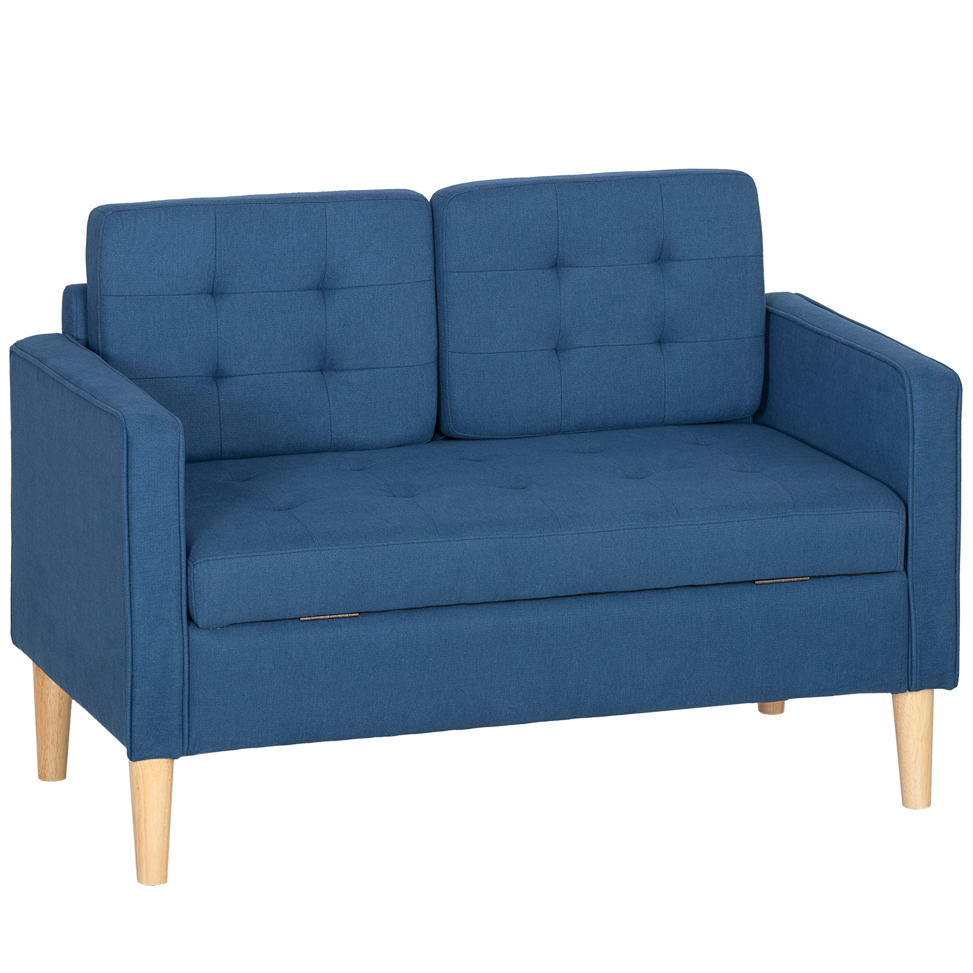 Zweisitzer-Sofa Mit Stauraum, Knopfheftung, Kissen, Kautschukbaumholz, 117x62x78cm, Blau