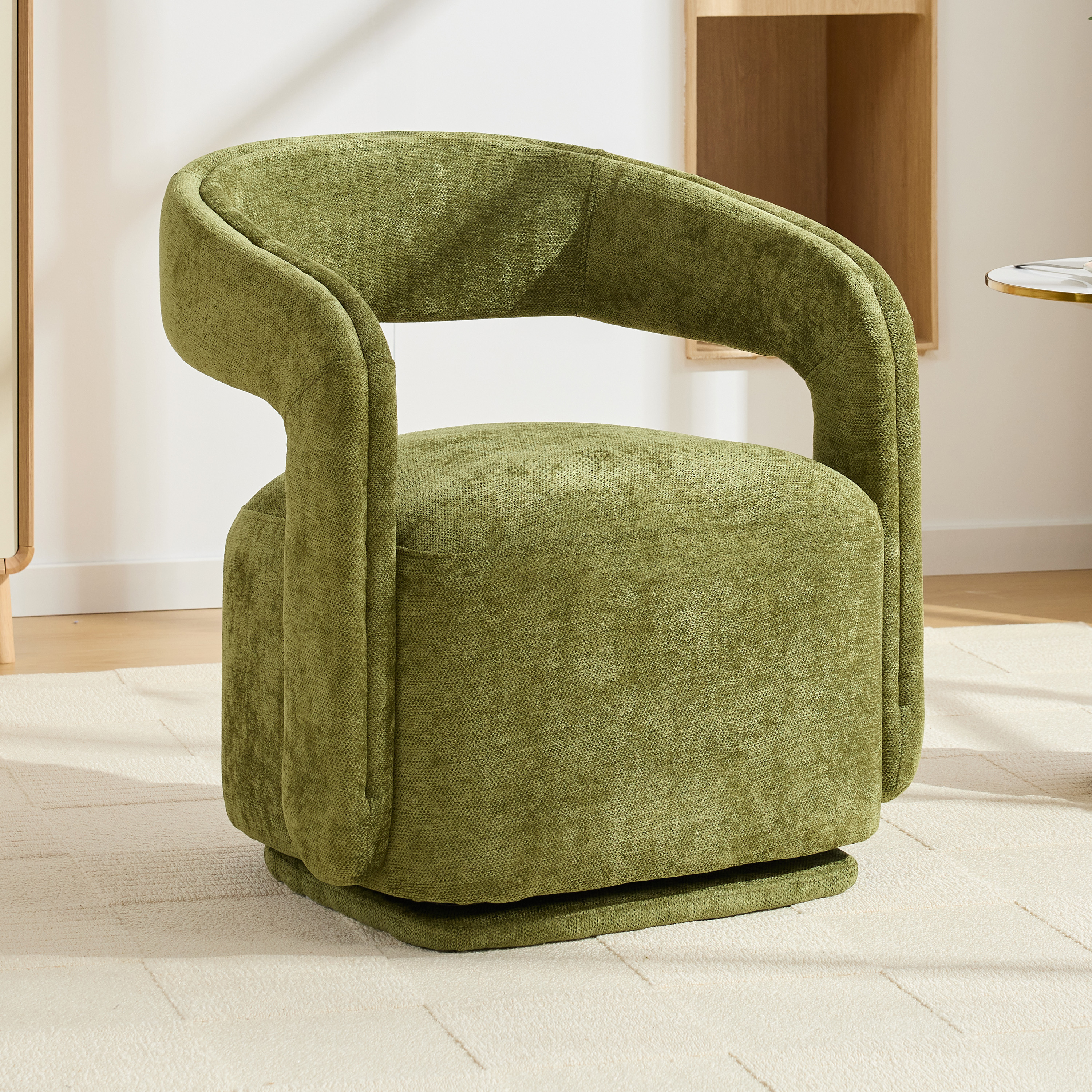 065 Chenille Fabric Accent Chair Armchair With Fabric Covered Wooden 360 Swivel Base, Green