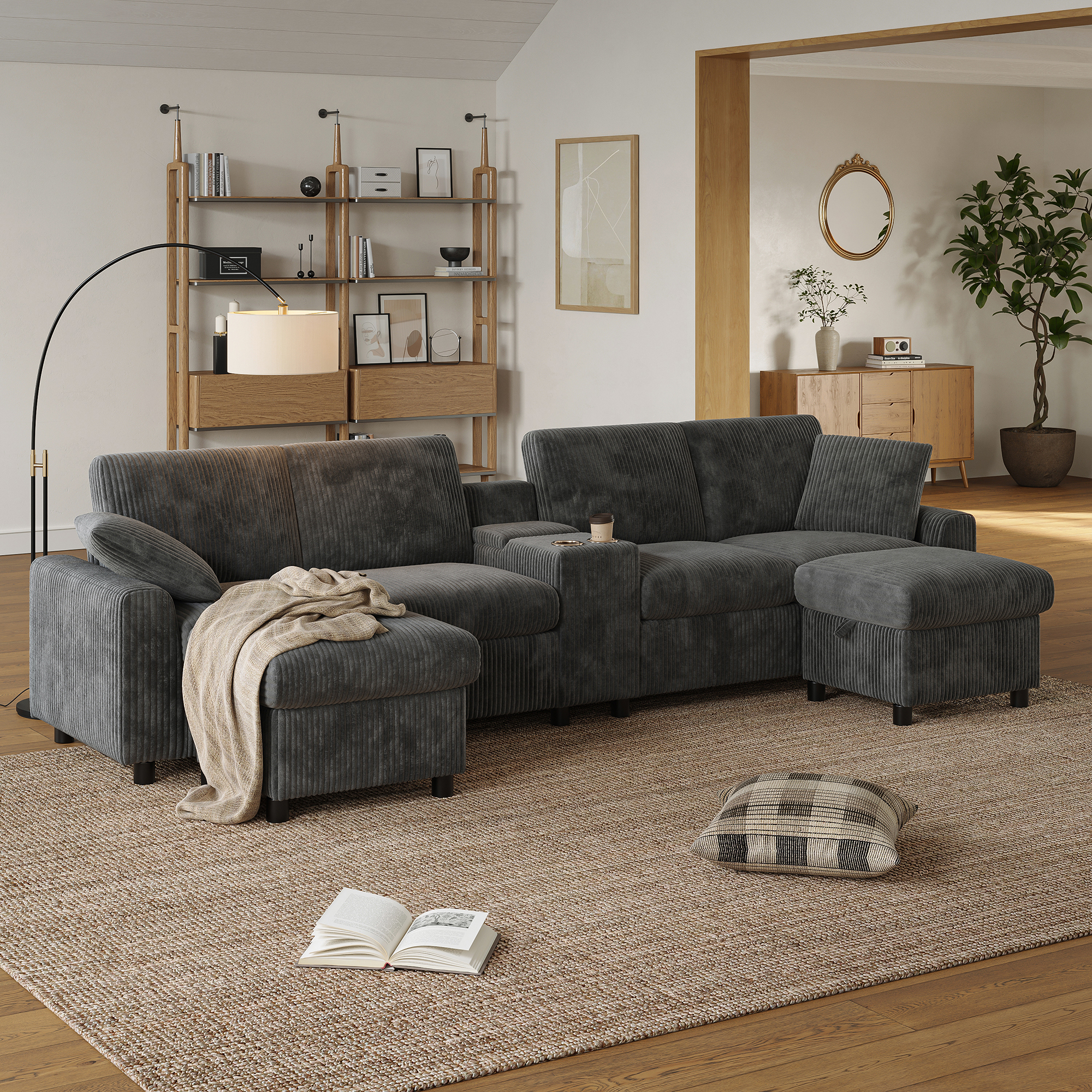 Comfy Corduroy U-shaped Sectional Sofa With 2 Movable Storage Ottomans, 1 USB & 2 Type-C Charging Ports, Cup Holders, Luxury Sofa For Living Room, Grey, 315 X 135 X 81 Cm