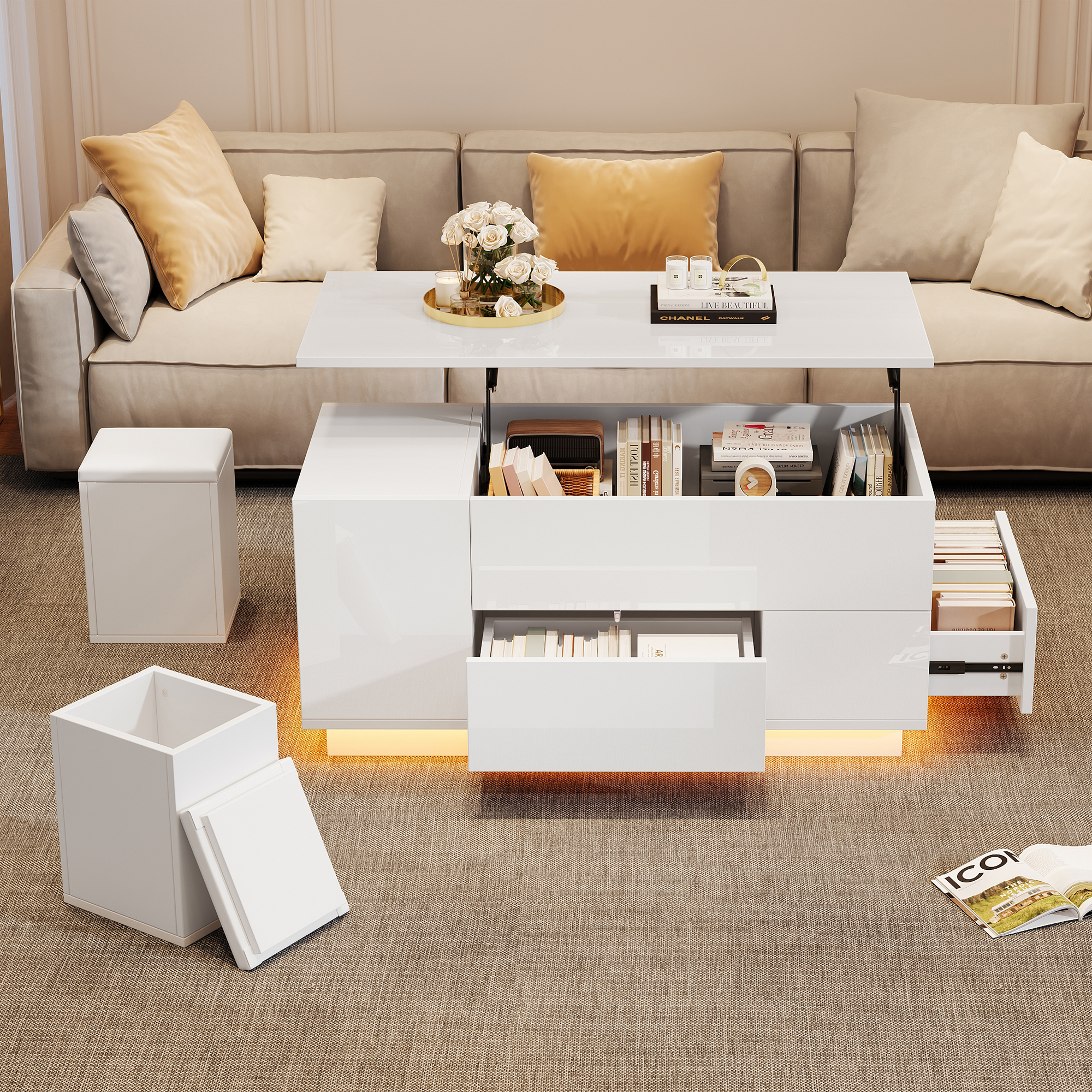 100x50x45cm Coffee Table 4-in-1 Height-Adjustable Sofa Table With LED, Coffee Table With 2 Drawers, High-Gloss Table With Sofa And 2 Stools, Side Table With Hidden Storage Space