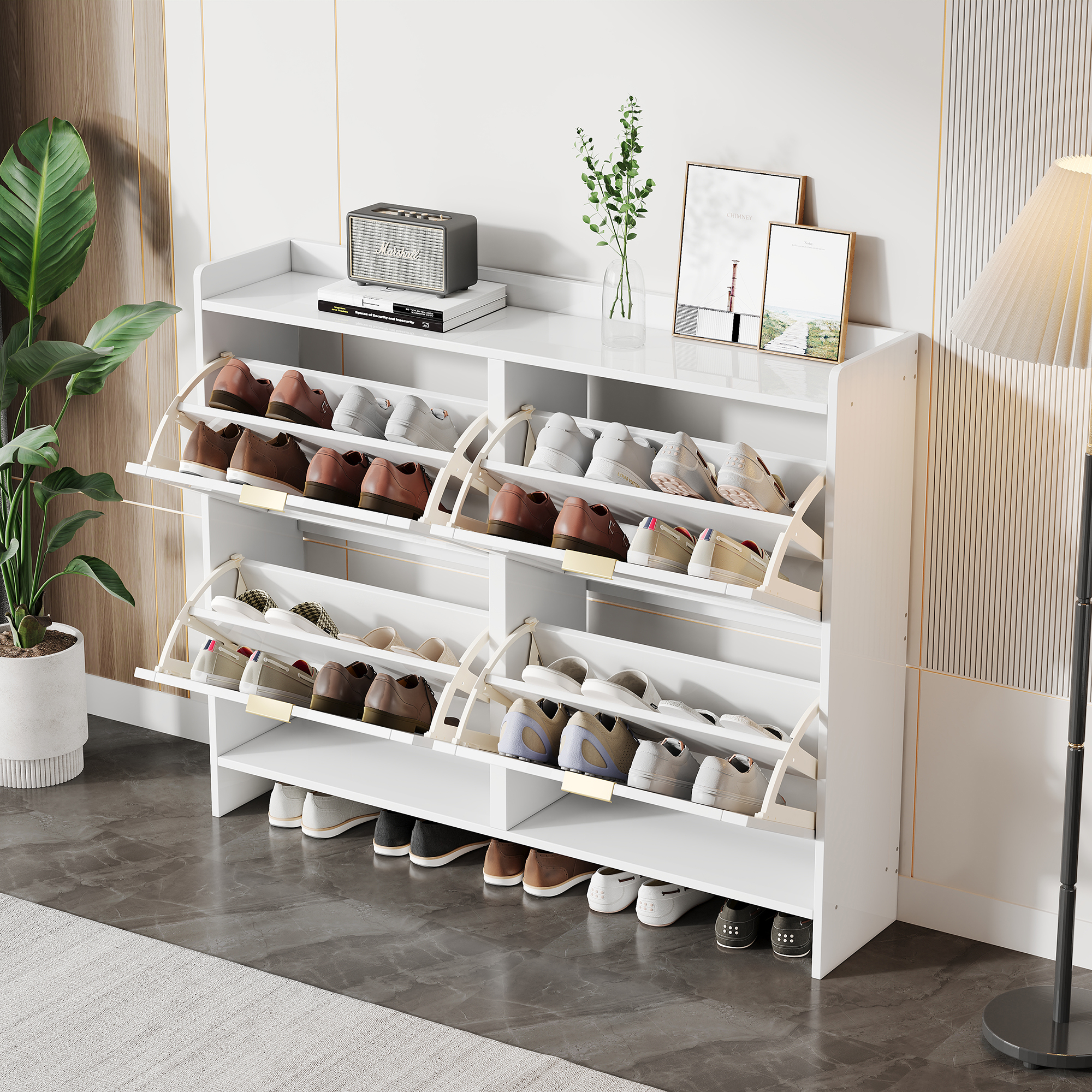 Modern Shoe Cabinet With 4 Flip Drawers, Freestanding Rack Open Shelves — image 4