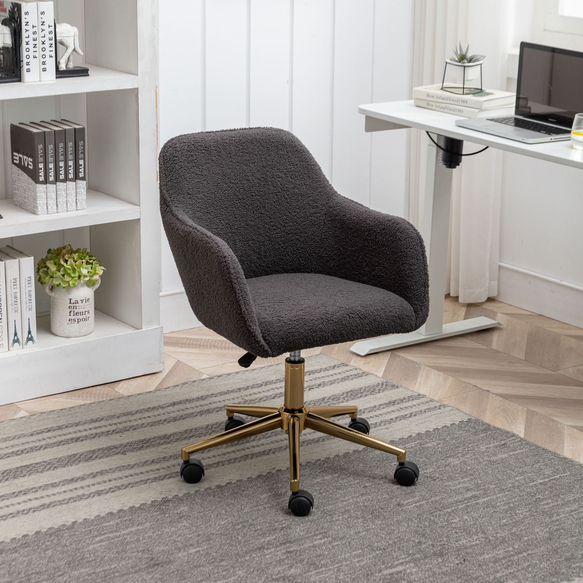 New Teddy Fabric Material Adjustable Height Swivel Home Office Chair For Indoor Office With Gold Legs,Dark Gray