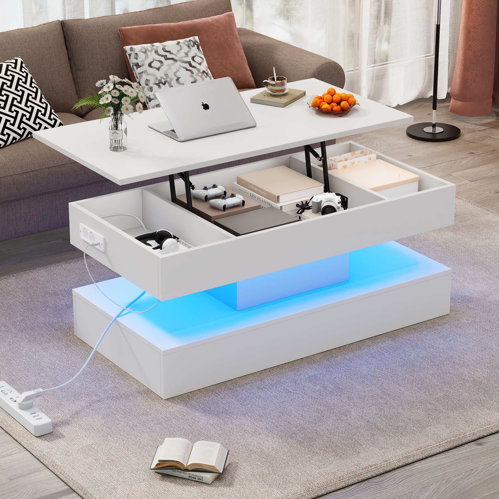 Modern Coffee Table With LED Lighting And Hidden Storage Space - Side Table With Hydraulic Lift, 100x50x42 Cm