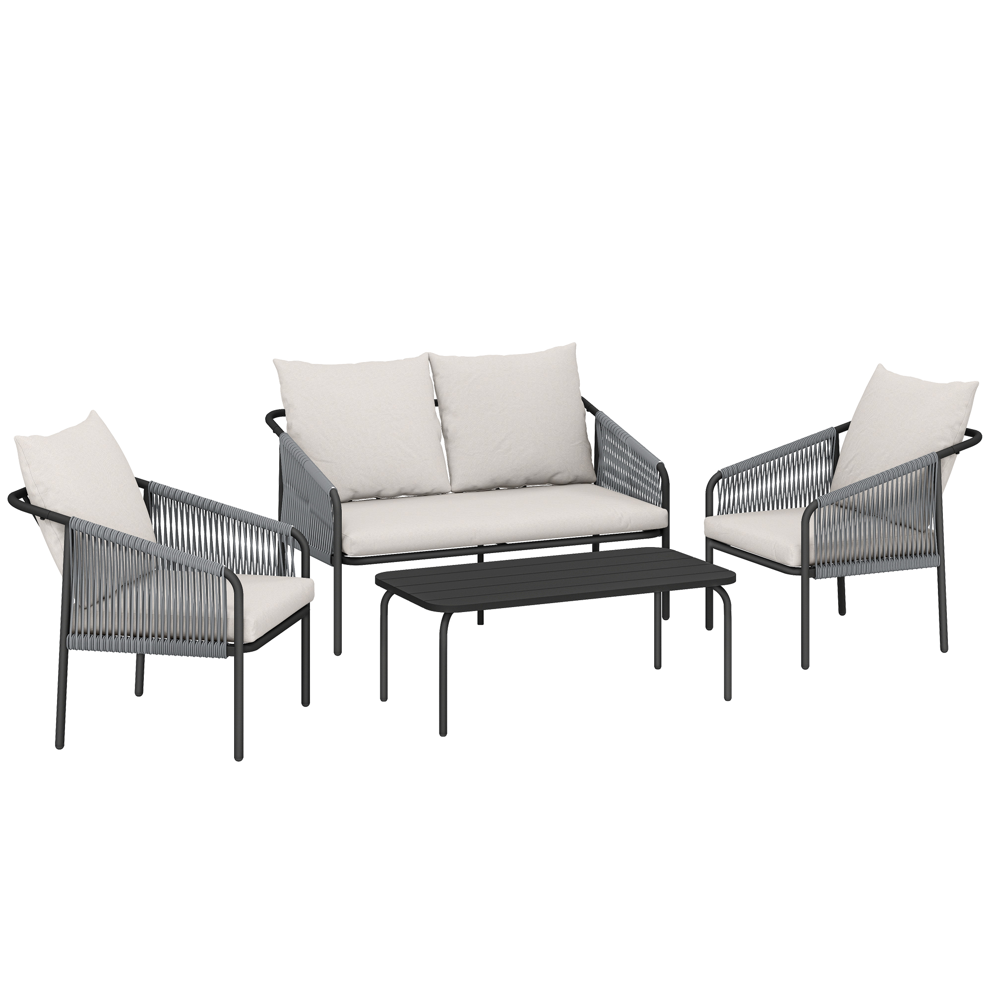 Gartenmöbel Set 4-teilig Polyrattan Lounge-Set Mit Zweisitzer 2 Sessel Couchtisch Abnehmbar Kissen Bindebändern