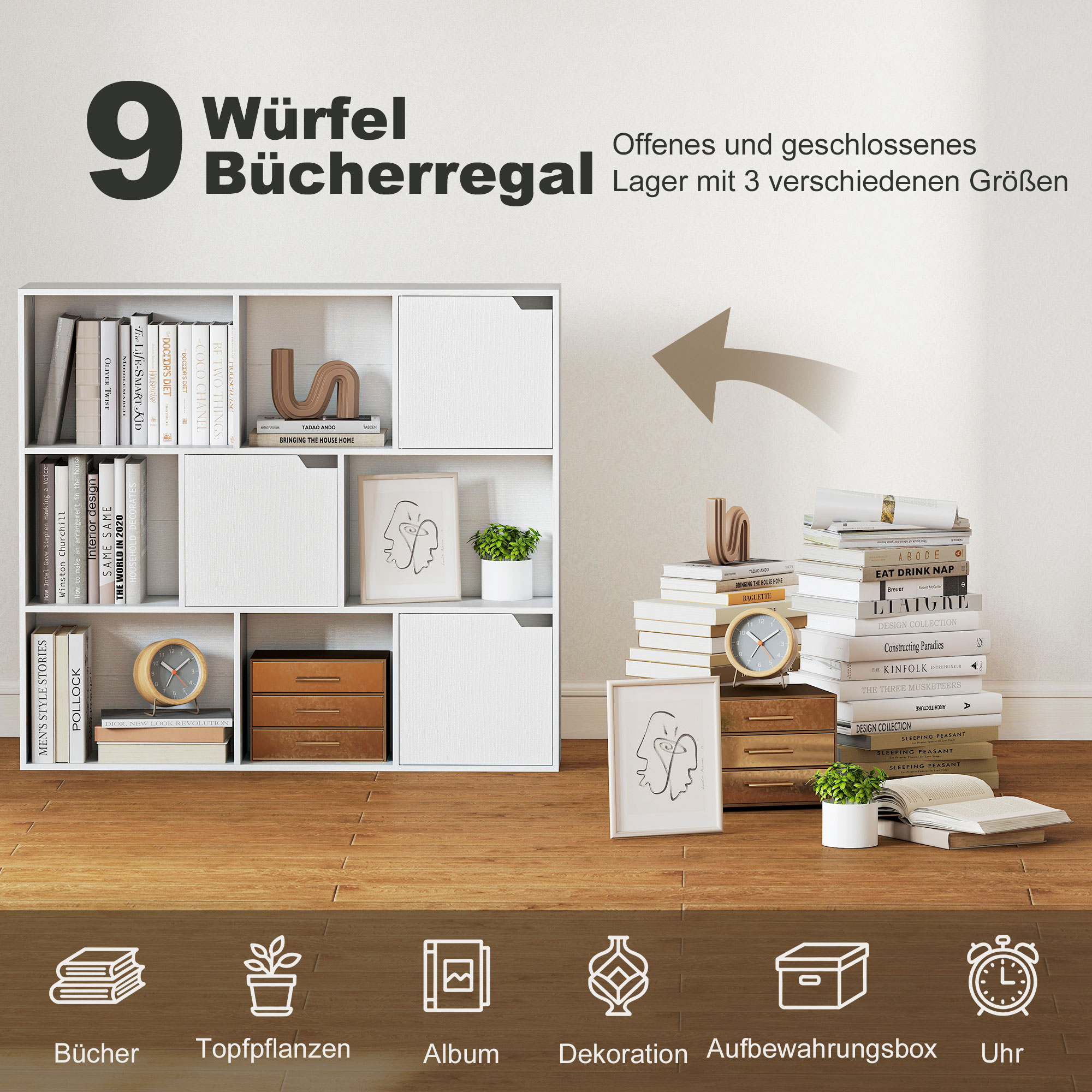 Bücherregal, 9 Fächern, 3 Türen, 6 Offene Regale, Für Wohnzimmer, Schlafzimmer, Spanplatte, Weiß