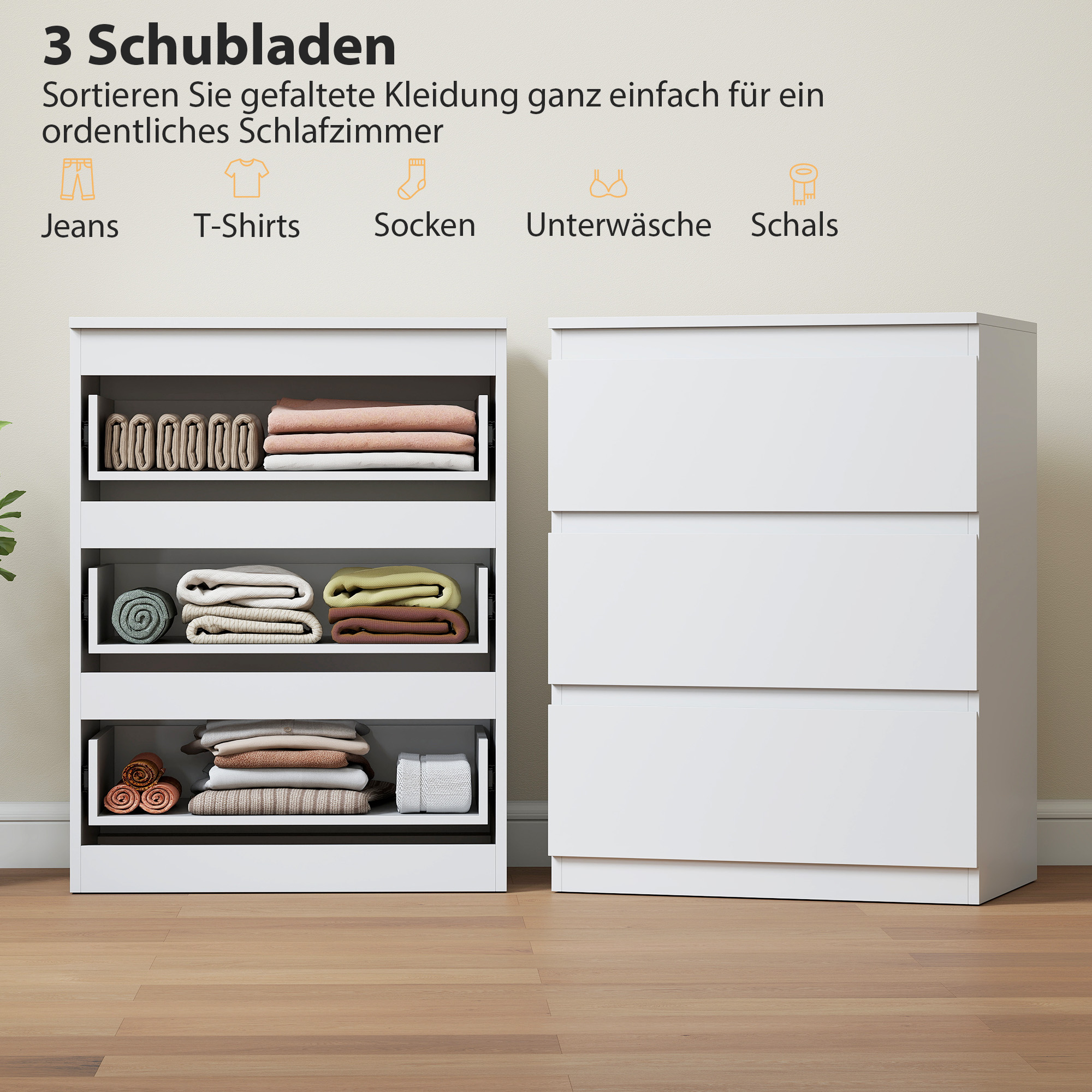 Kommode Mit 3 Schubladen, Für Wohnzimmer, Schlafzimmer, Flur, Spanplatte, Weiß