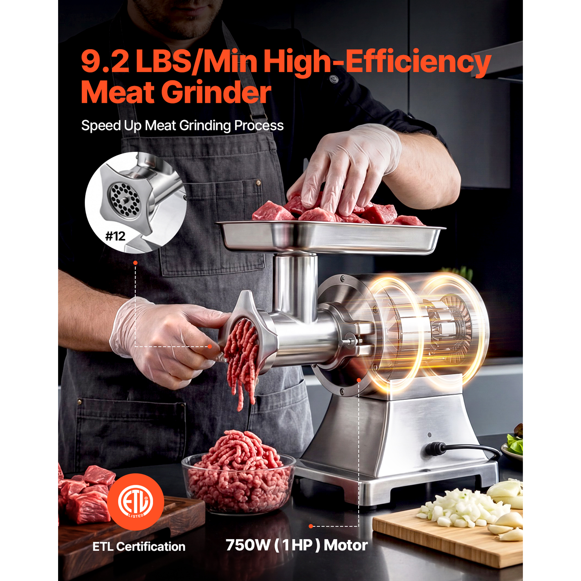 Commercial Meat Grinder, 9.2 Lbs Min Capacity, 12 Electric Meat Mincer With 2 Plates, 3 Sausage Stuffing Tubes & Kibbe Kit, 750W 1HP Sausage Maker For Home Kitchens & Restaurants, ETL Listed image 2