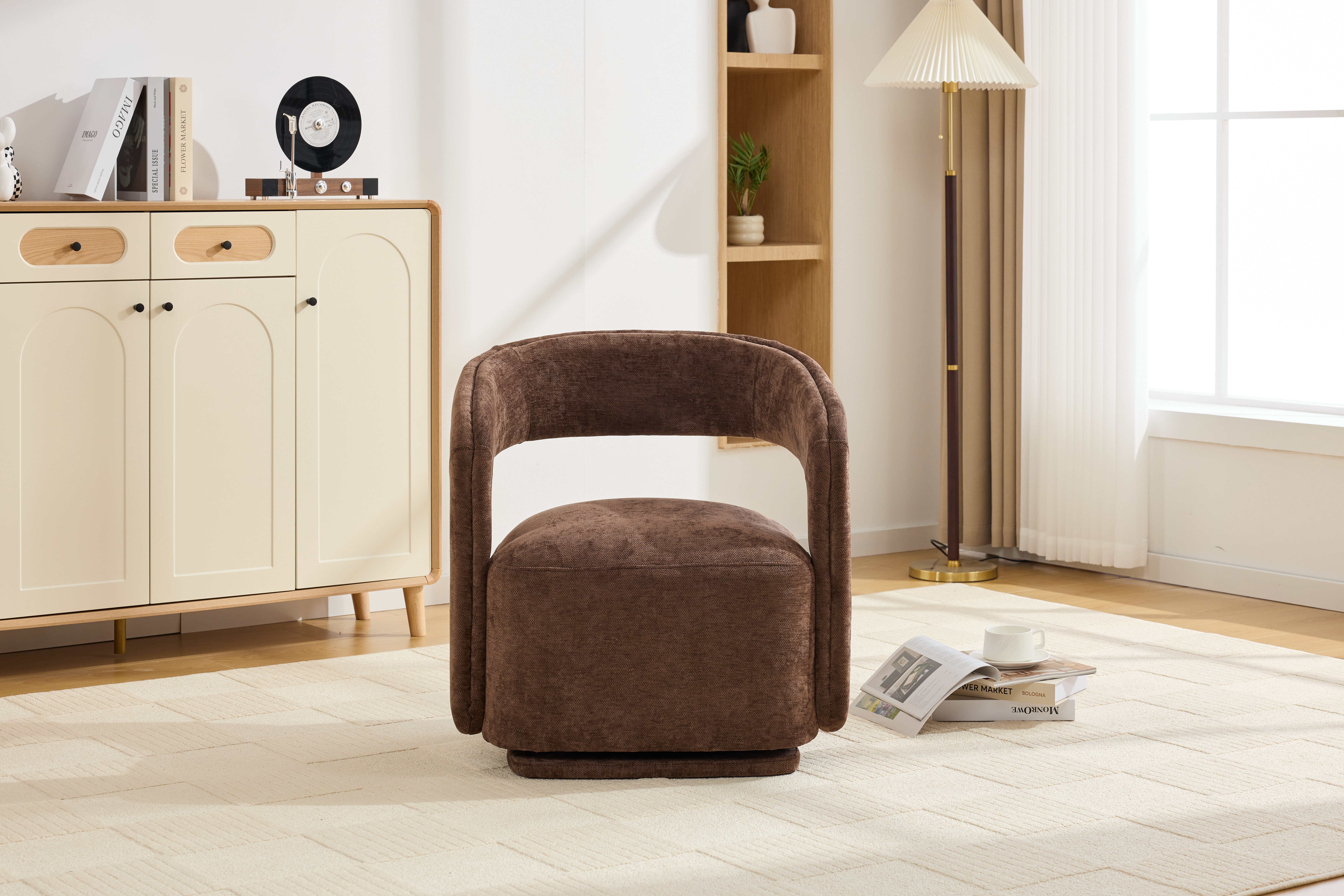065 Chenille Fabric Accent Chair Armchair With Covered Wooden 360 Swivel Base
