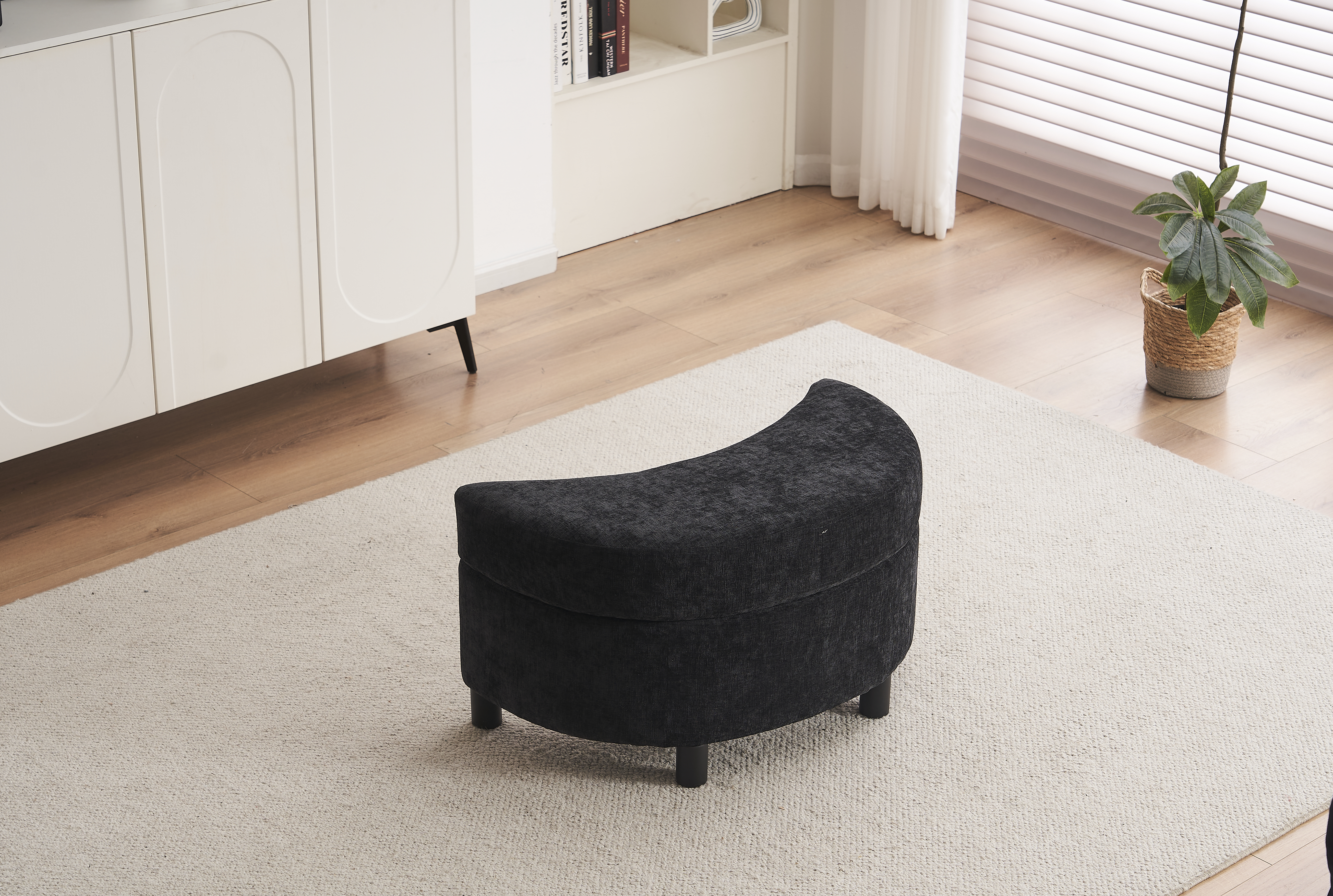 Chenille Swivel Armchair With 3 Back Cushion Pillow Ottoman Crescent Stool, Black