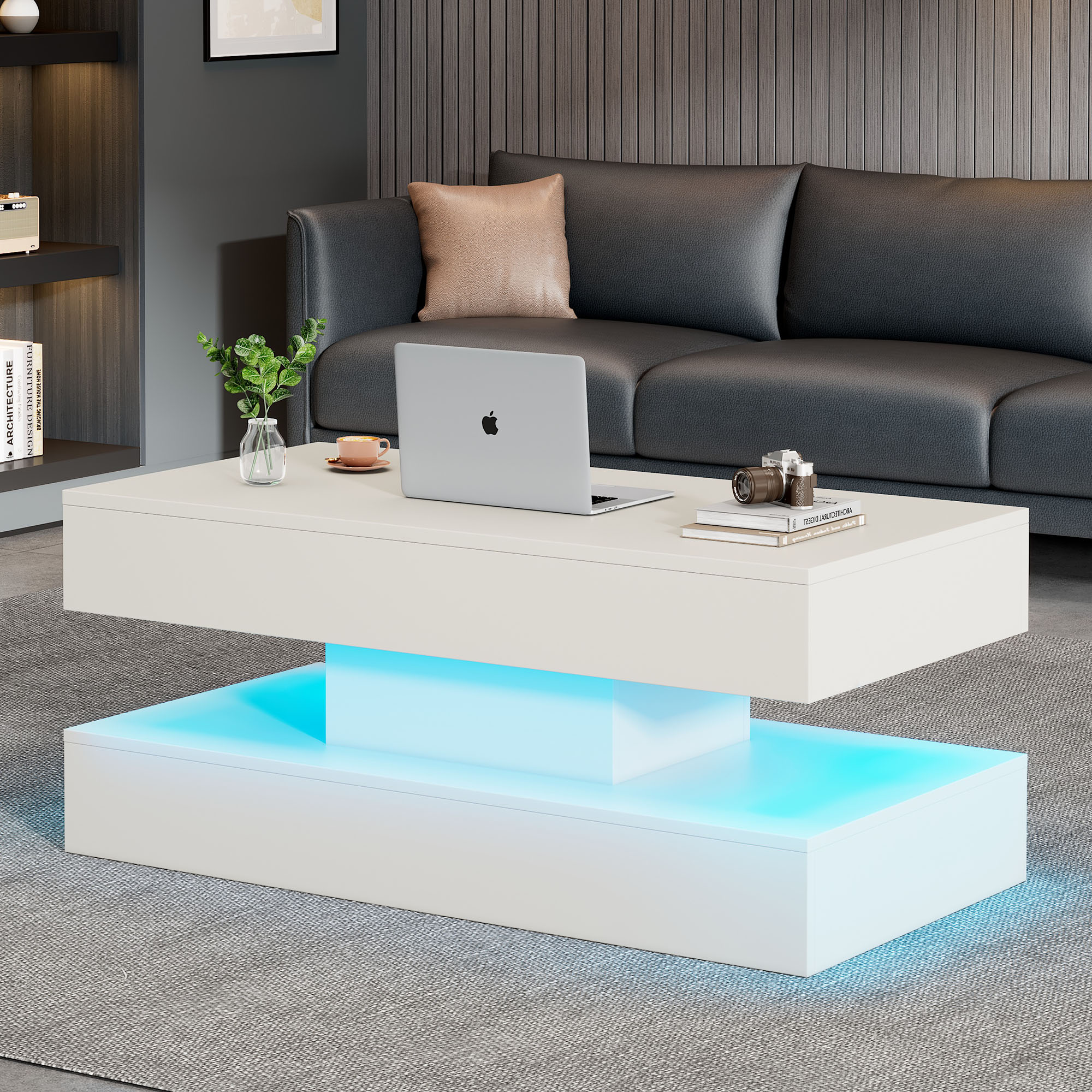 Modern Coffee Table With LED Lighting And Hidden Storage Space - Side Table With Hydraulic Lift, 100x50x42 Cm
