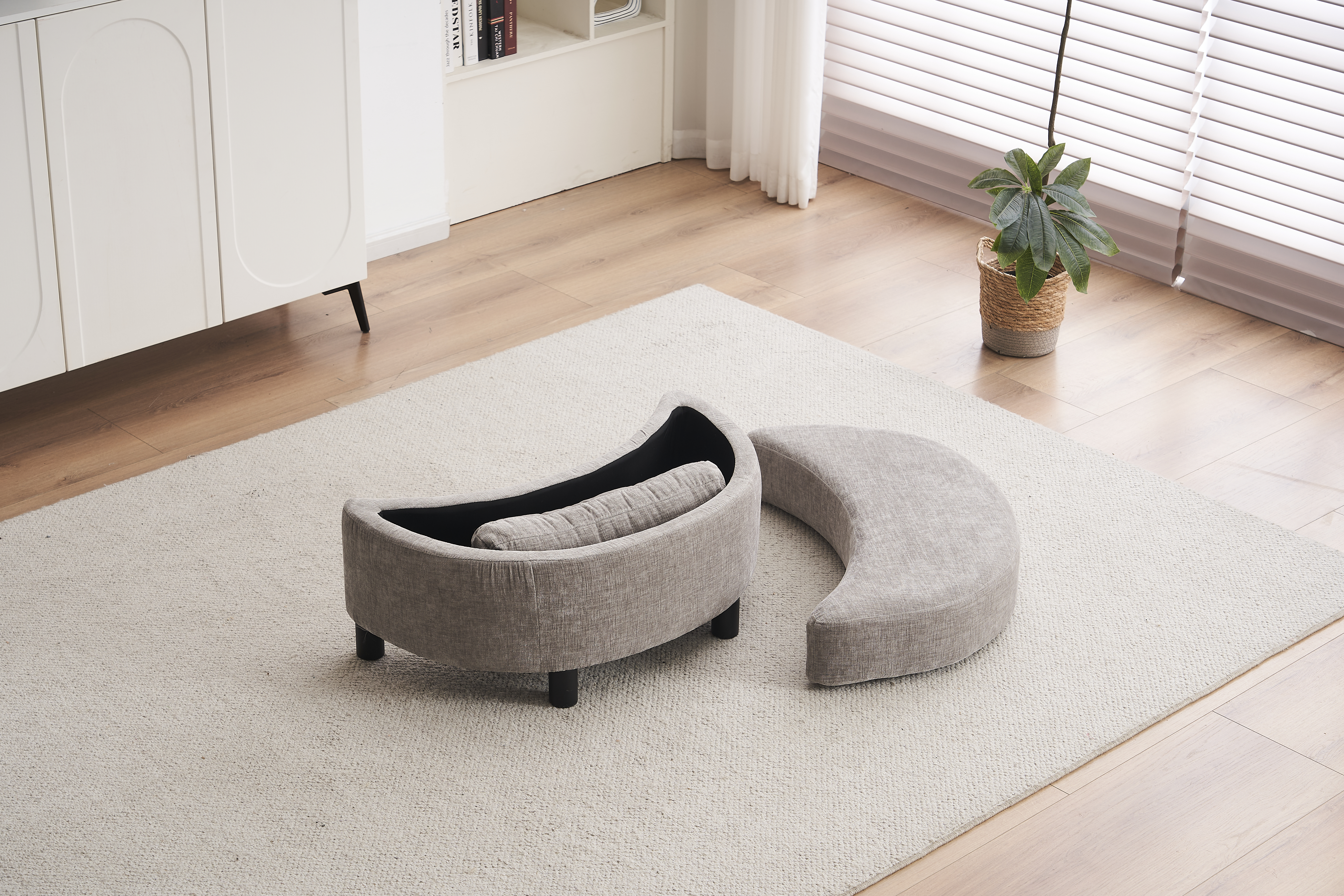 Chenille Swivel Armchair With 3 Back Cushion Pillow Ottoman Crescent Stool
