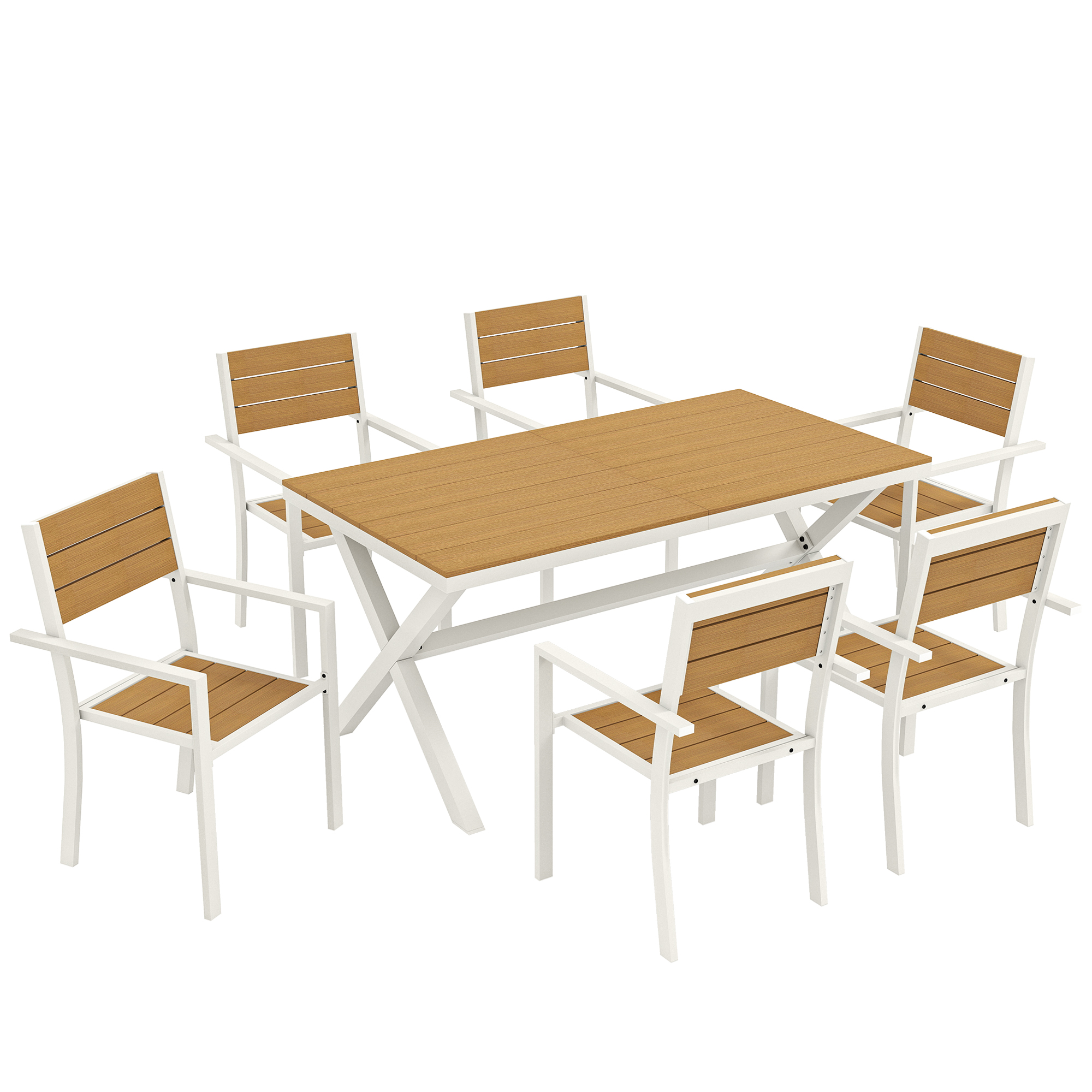 Gartenmöbel Set Sitzgruppe 7-teilig Tisch Mit 6 Stapelbare Stühlen Holzoptik Aluminiumrahmen Teak