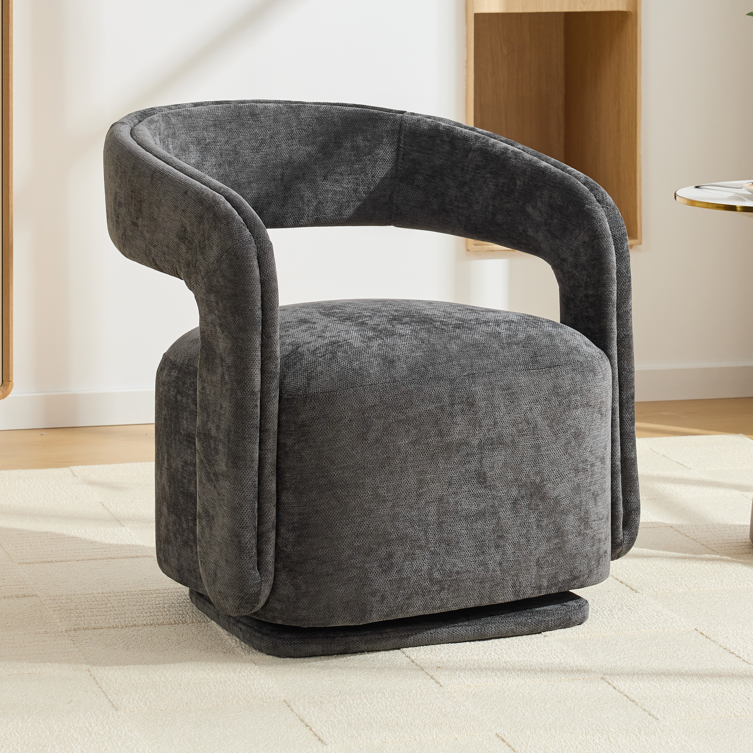 065 Chenille Fabric Accent Chair Armchair With Fabric Covered Wooden 360 Swivel Base, Dark Grey