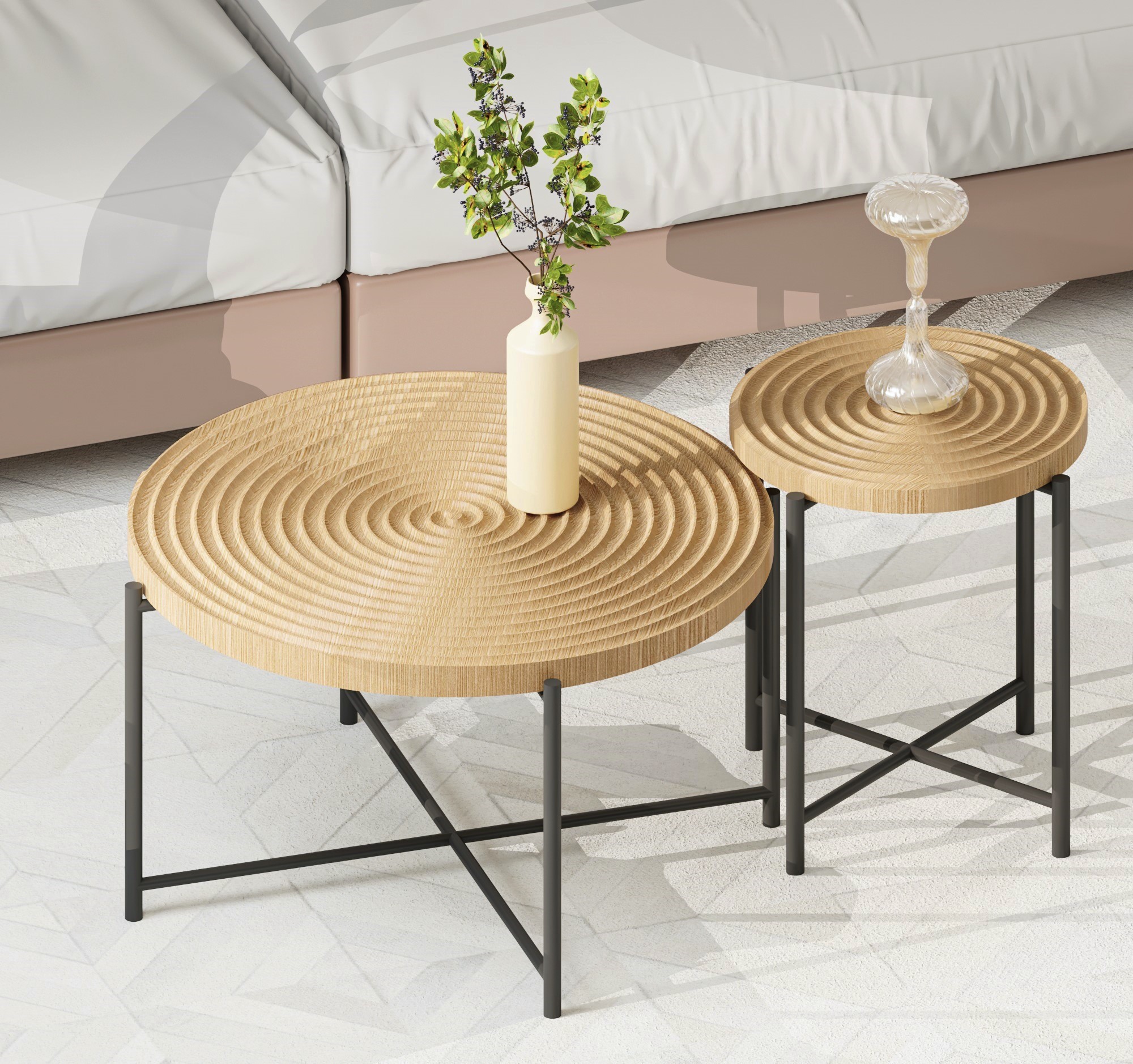 2-Piece Coffee And End Table Set -Waterproof MDF With PVC Cover, Distressed Cylindrical Design, Black Metal Legs -Classic Rustic Charm, Technical Wood