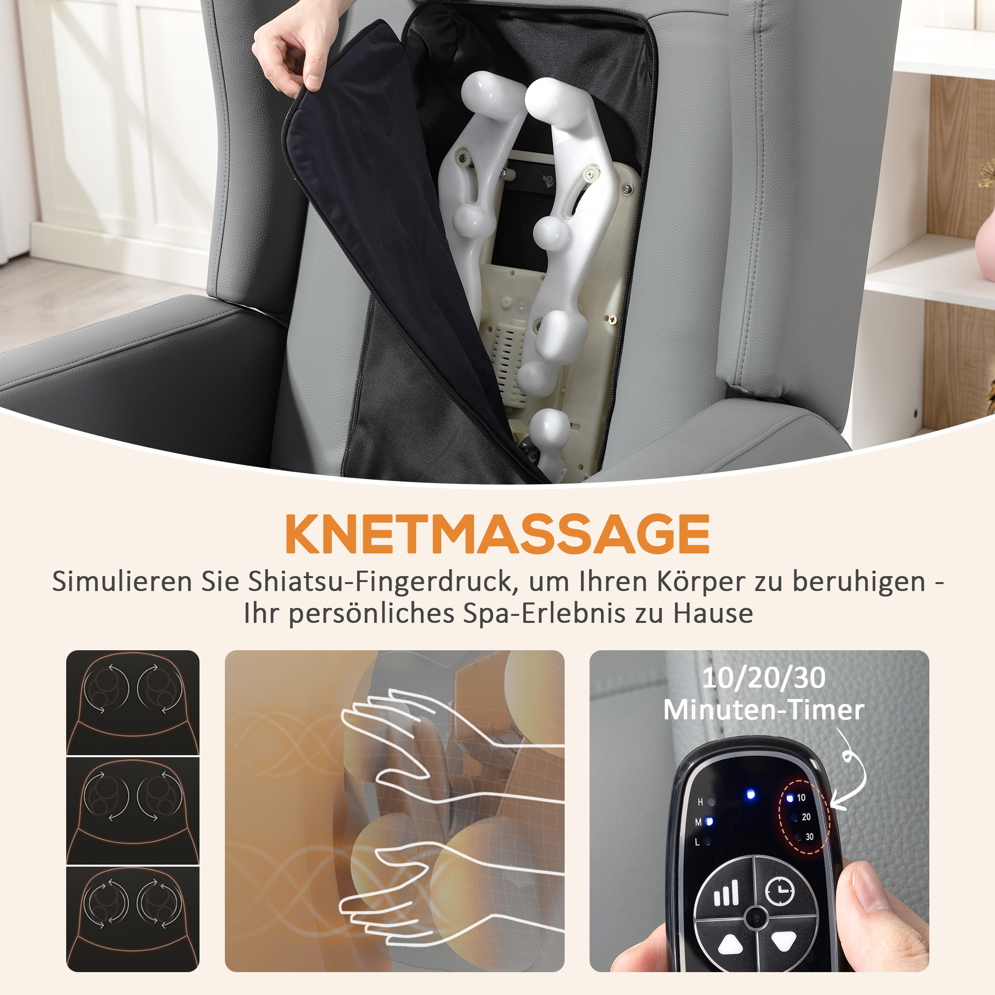 Massagesessel Mit Rücklehnfunktion, Kunstleder, Elektrisch Verstellbar, Fußstütze, Seitentasche, Stahlrahmen, Grau