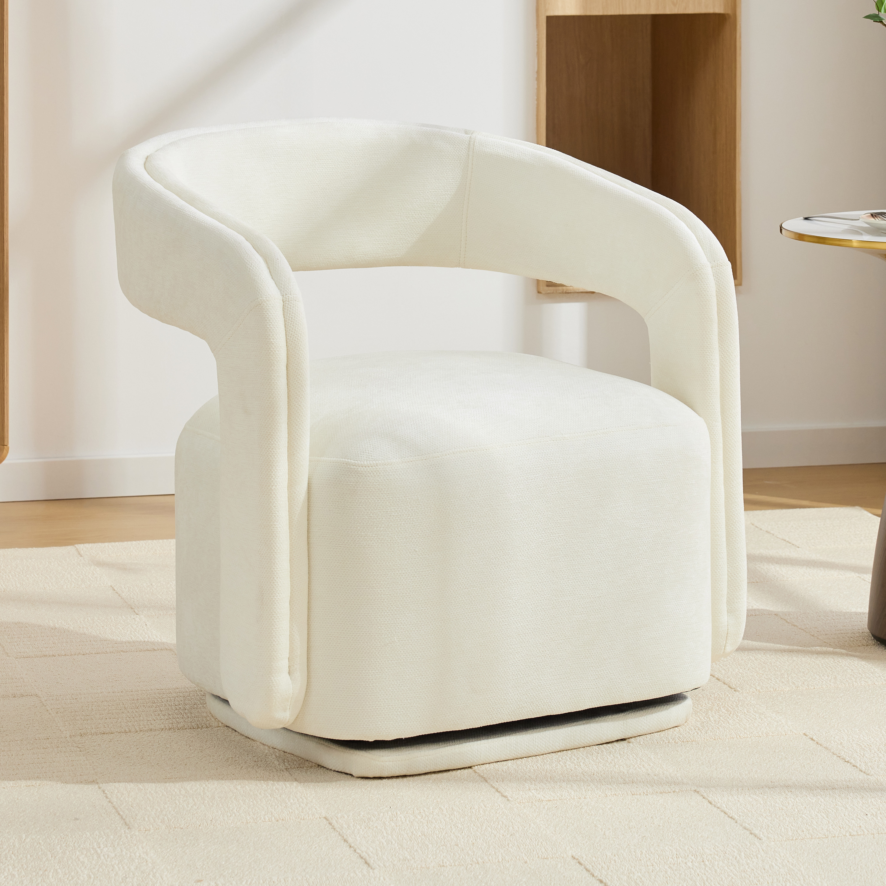 Chenille Fabric Accent Chair Armchair With Fabric Covered Wooden 360 Swivel Base, White