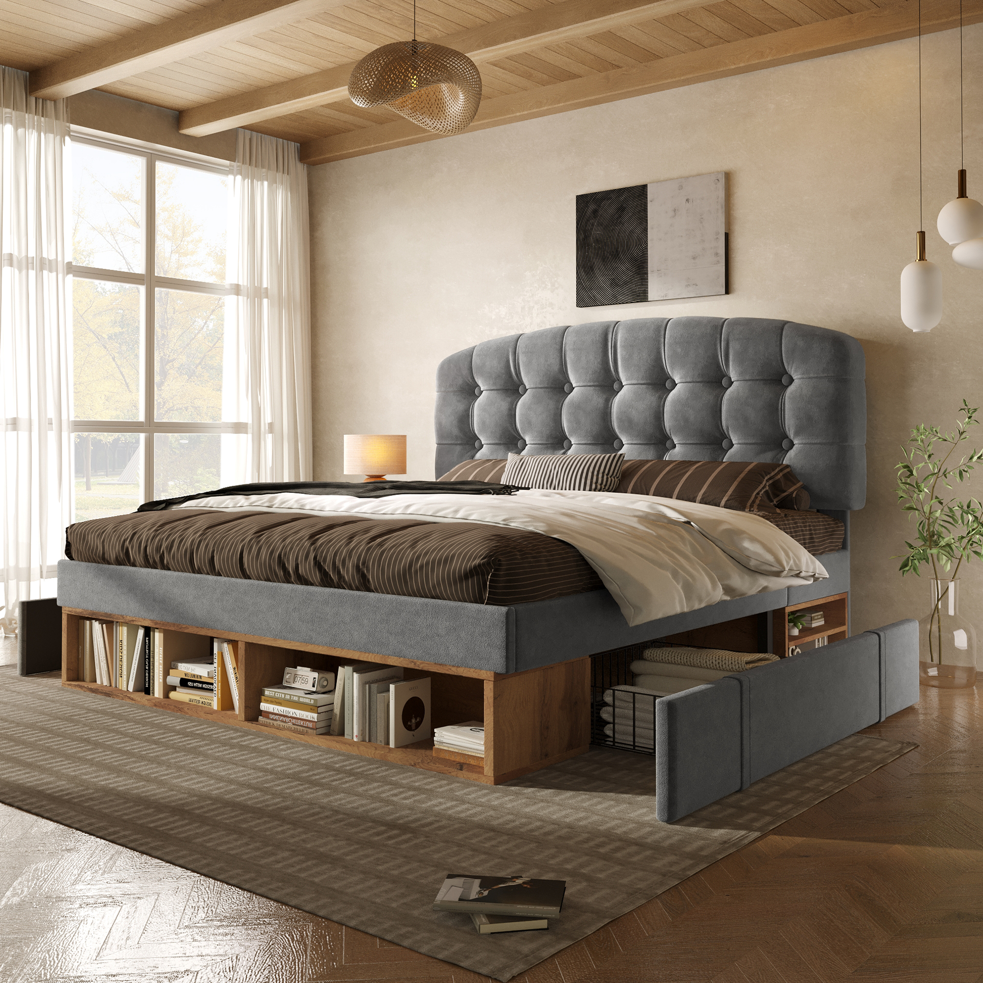 Upholstered Double Bed With Storage Compartments And Drawers, 4ft6 Double Bed With Adjustable Headboard, 135 X 190 Cm, Velvet, Grey   No Mattress
