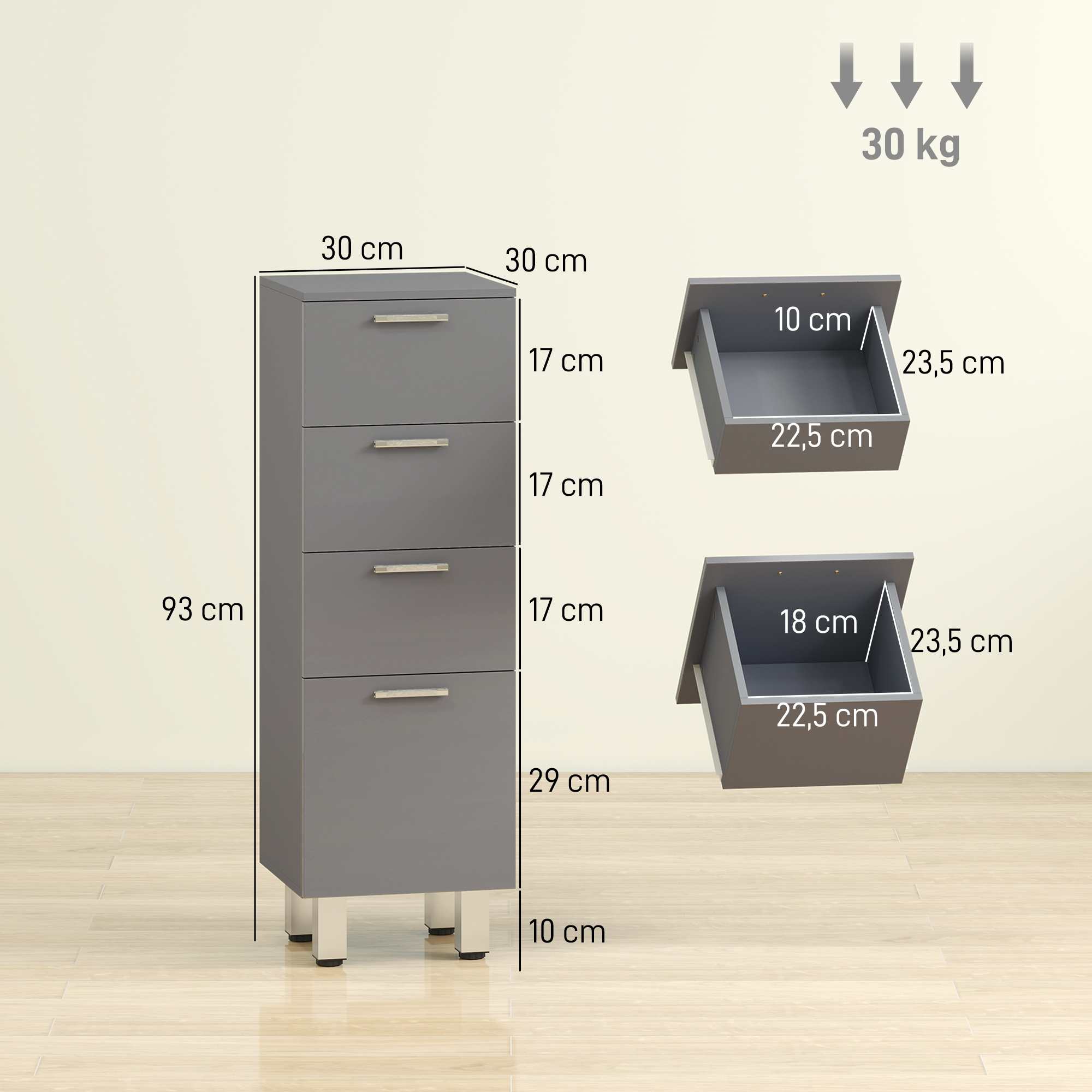 Badezimmerschrank, Badschrank, 4 Schubladen, Spanplatte, Glatt, Grau