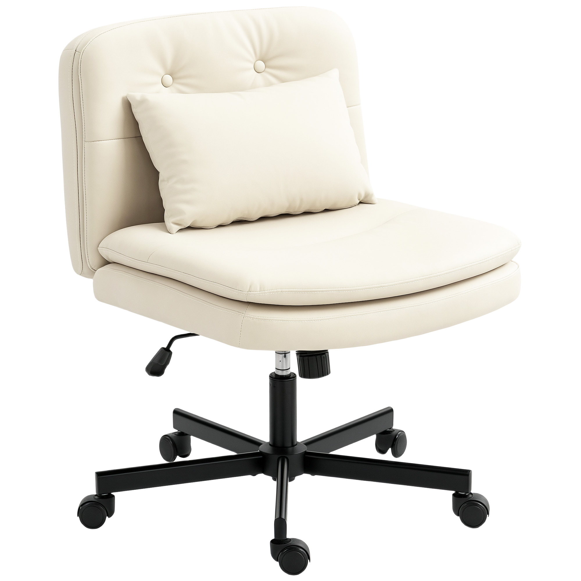 Armloser Bürostuhl Mit Kunstleder-Bezug, Schreibtischstuhl Mit Rollen, Extra-Kissen, Höhenverstellbar, Rollbar, Beige
