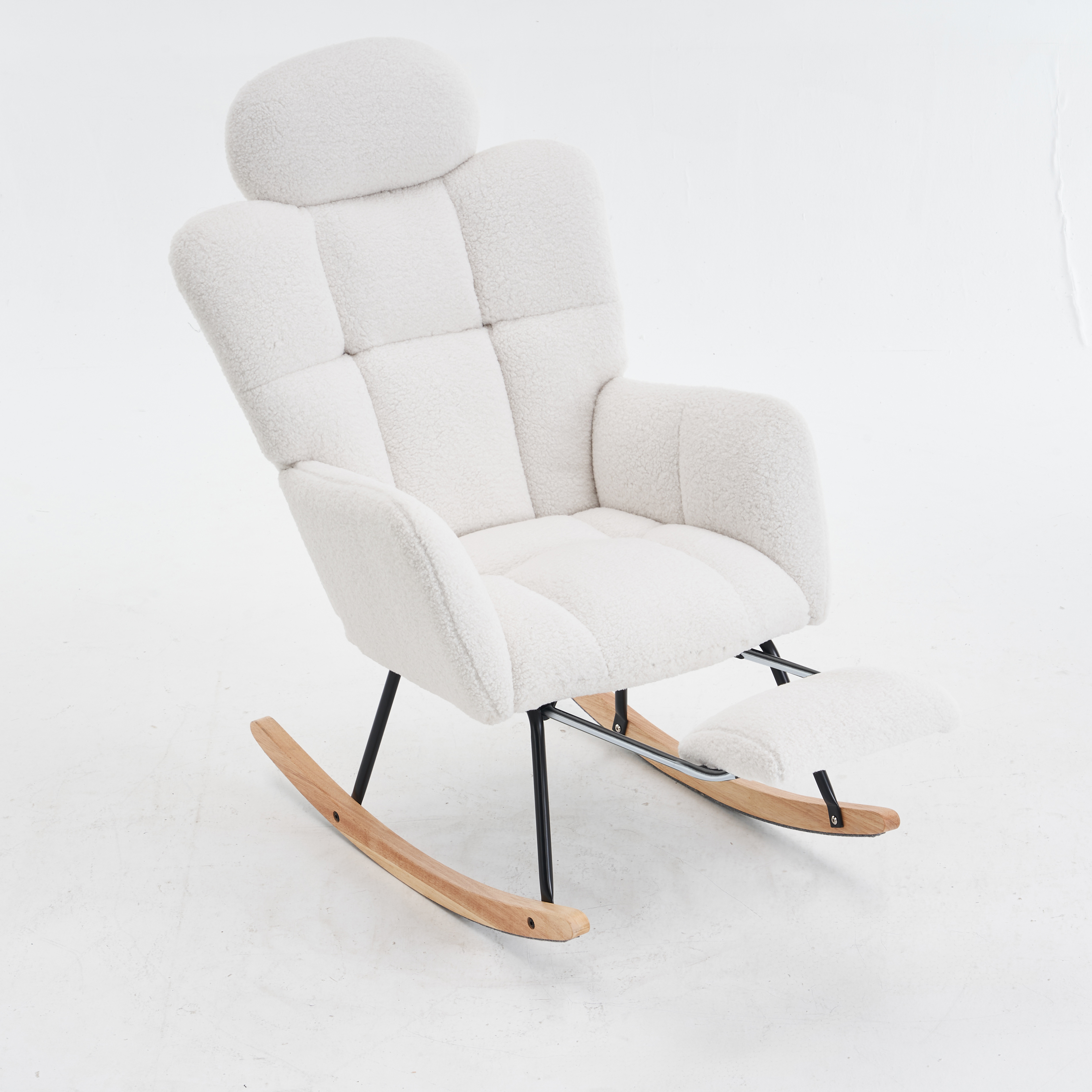 Teddy Fabric Tufted Upholstered Rocking Chair Padded Seat With Headrest And Foldable Footrest For Living Room Bedroom,Ivory White