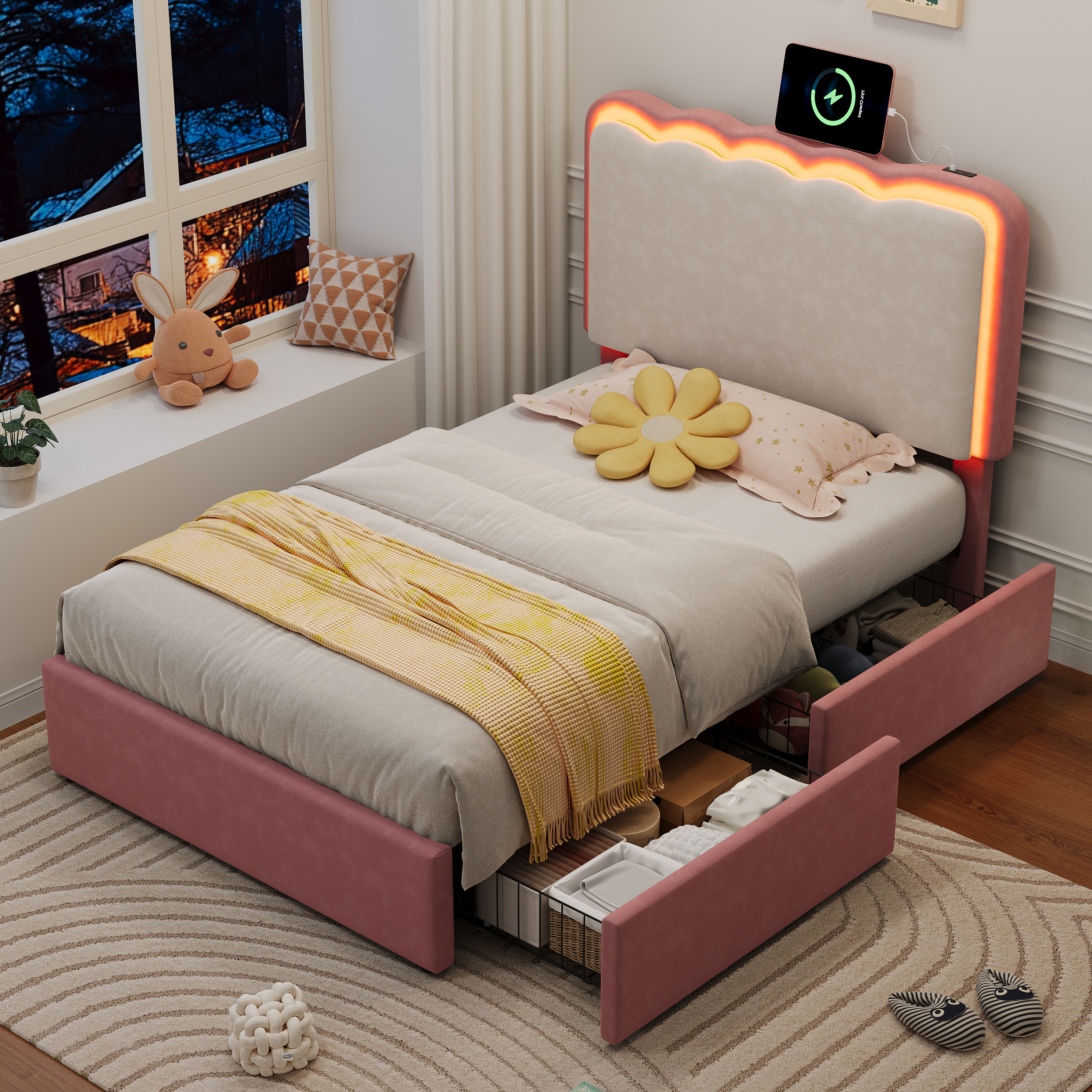 3ft Single Upholstered Bed With Adjustable LED Wavy Headboard, Soft Velvet Bed Frame With 2 Storage Drawers, Bed Frame With Solid Wood Slat, Easy Assembly,  Cream White   No Mattress