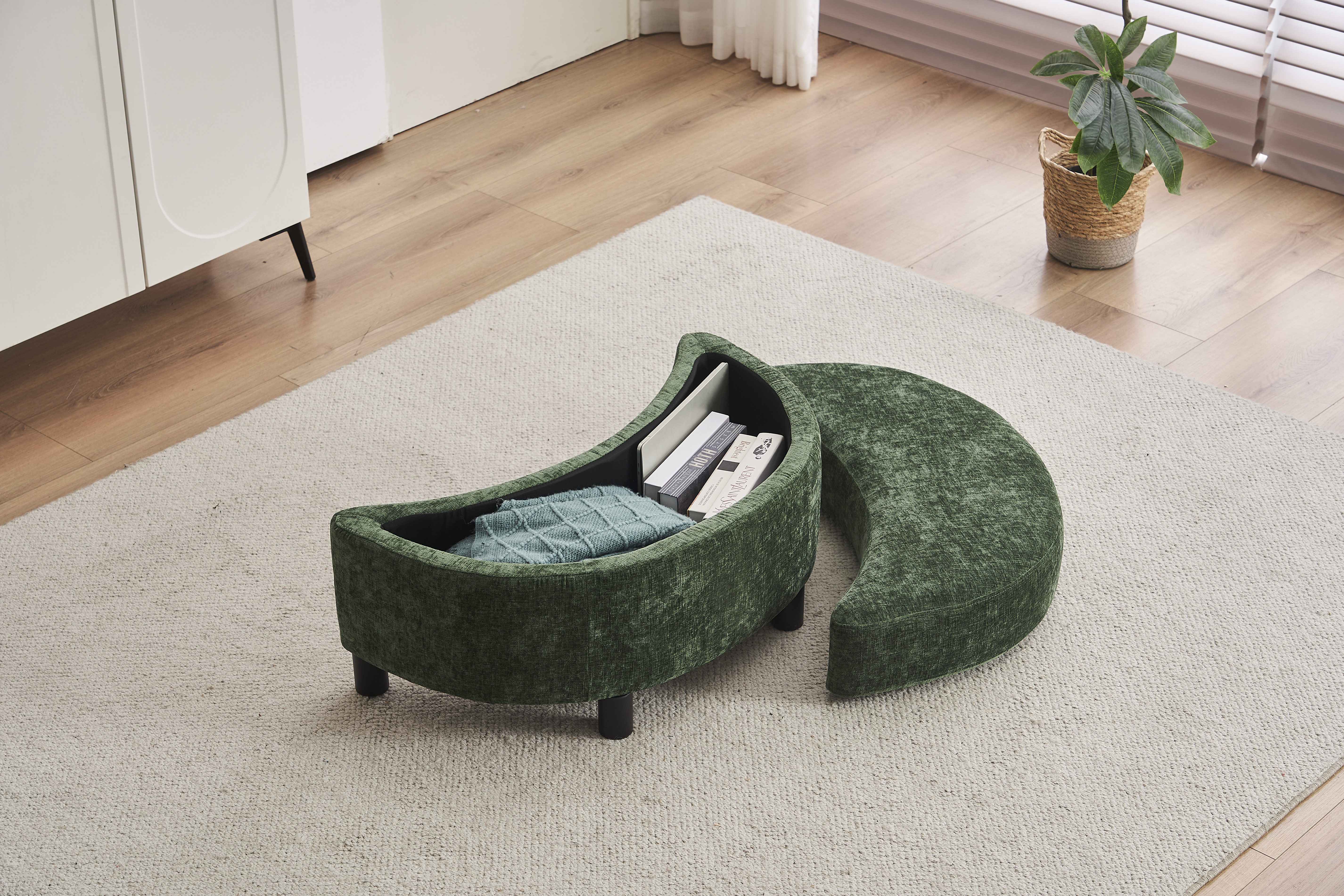 Chenille Swivel Armchair With 3 Back Cushion Pillow Ottoman Crescent Stool — image 2