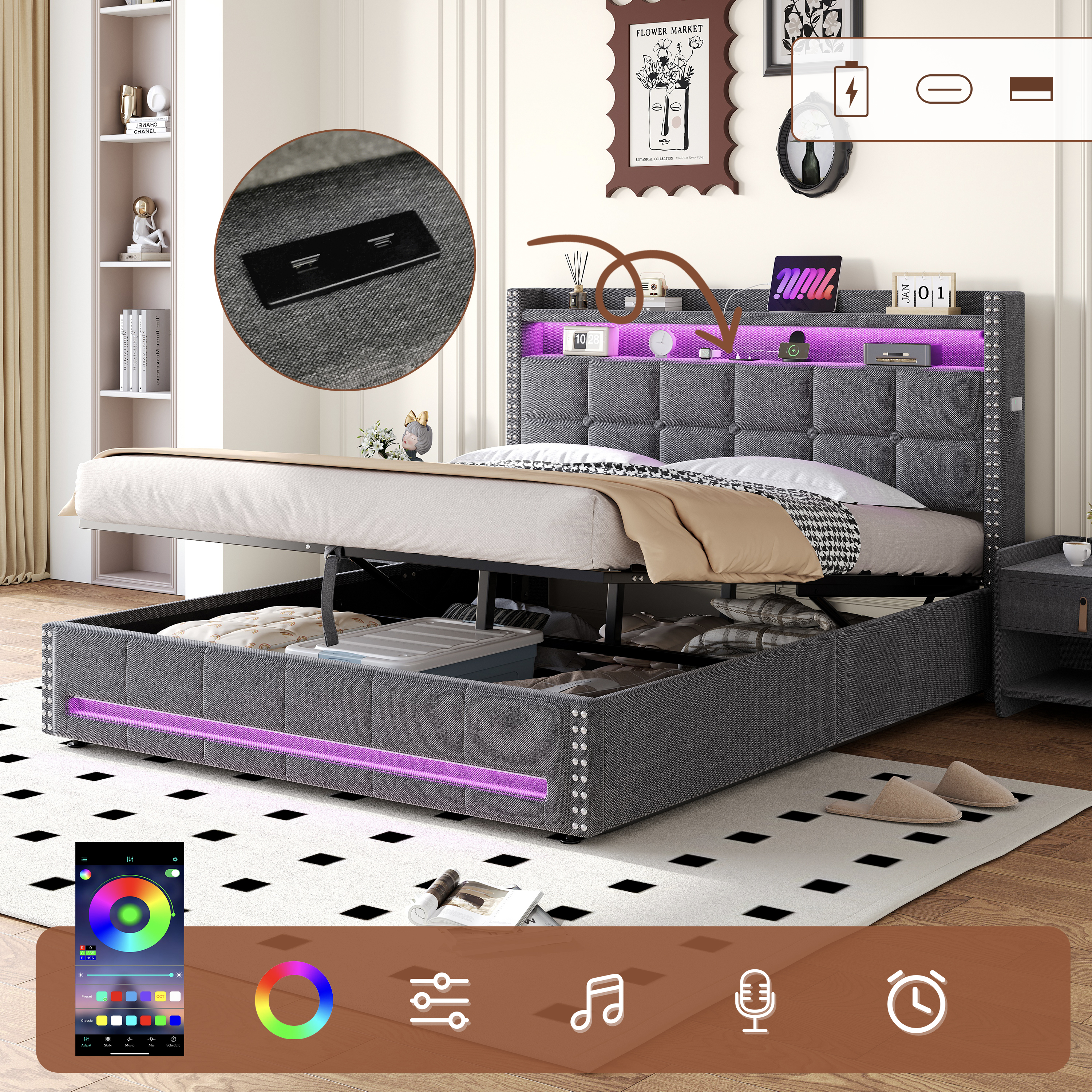 4ft6 Double Upholstered Bed With Hydraulic Storage, LED Rivet  Storage Bed With Charging Station, Button Tufted Headboard With USB And Type - C Ports, No Box Spring Needed, Linen,  Grey   No Mattress