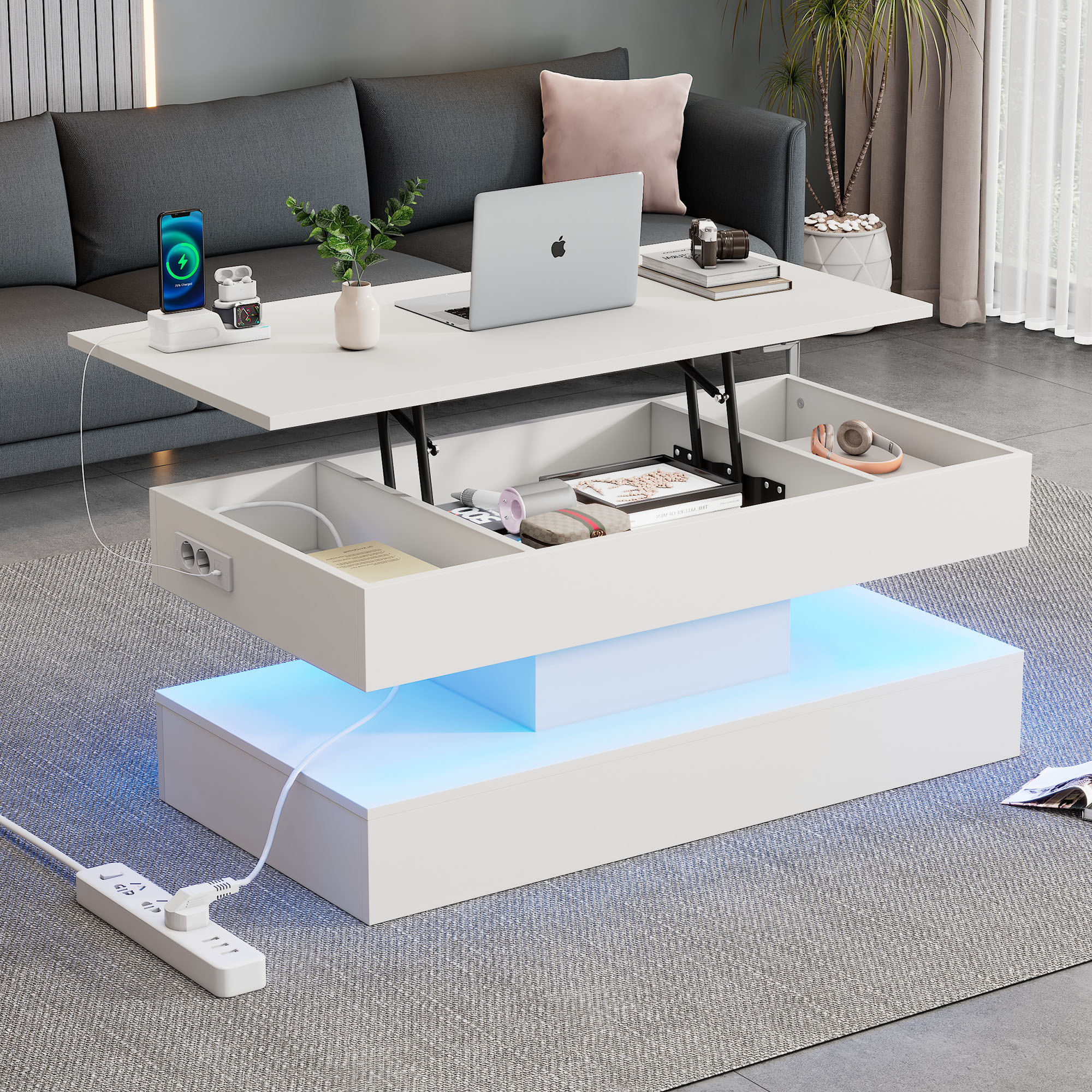 Modern Coffee Table With LED Lighting And Hidden Storage Space - Side Table With Hydraulic Lift, 100x50x42 Cm