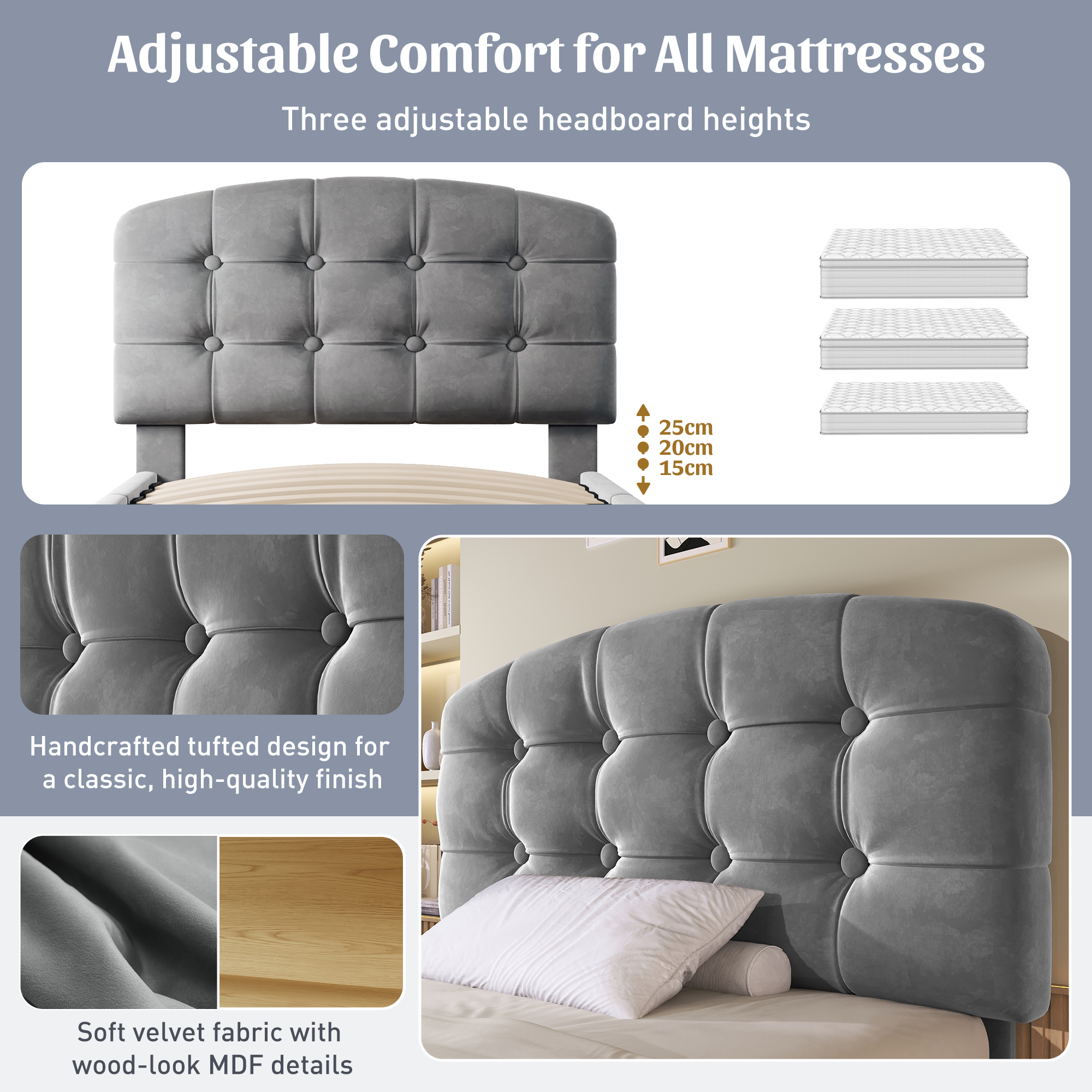 Upholstered Single Bed With Storage Compartments And Drawers, 3ft Single Bed With Adjustable Headboard, 90 X 190 Cm, Velvet, Grey   No Mattress