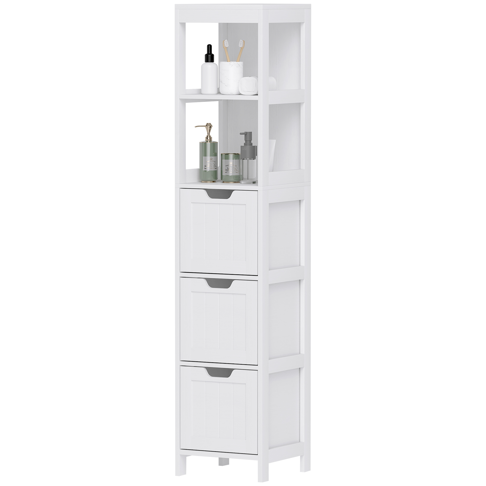 Badezimmerschrank, 2 Regale, 3 Schubladen, Wasserabweisendes Material, Weiß
