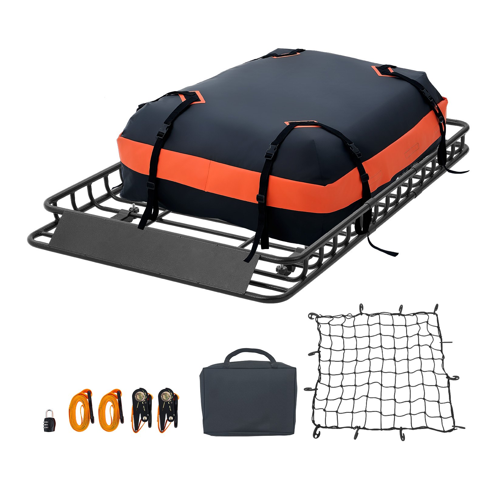 Roof Rack Cargo Basket, 54 X 34 X 4 In, Heavy Duty Roof Top Carrier Basket With Waterproof Bag, Cargo Net, Ratchet Straps, 200 Lbs Capacity, Universal Car Top Luggage Holder, For SUV Truck Car