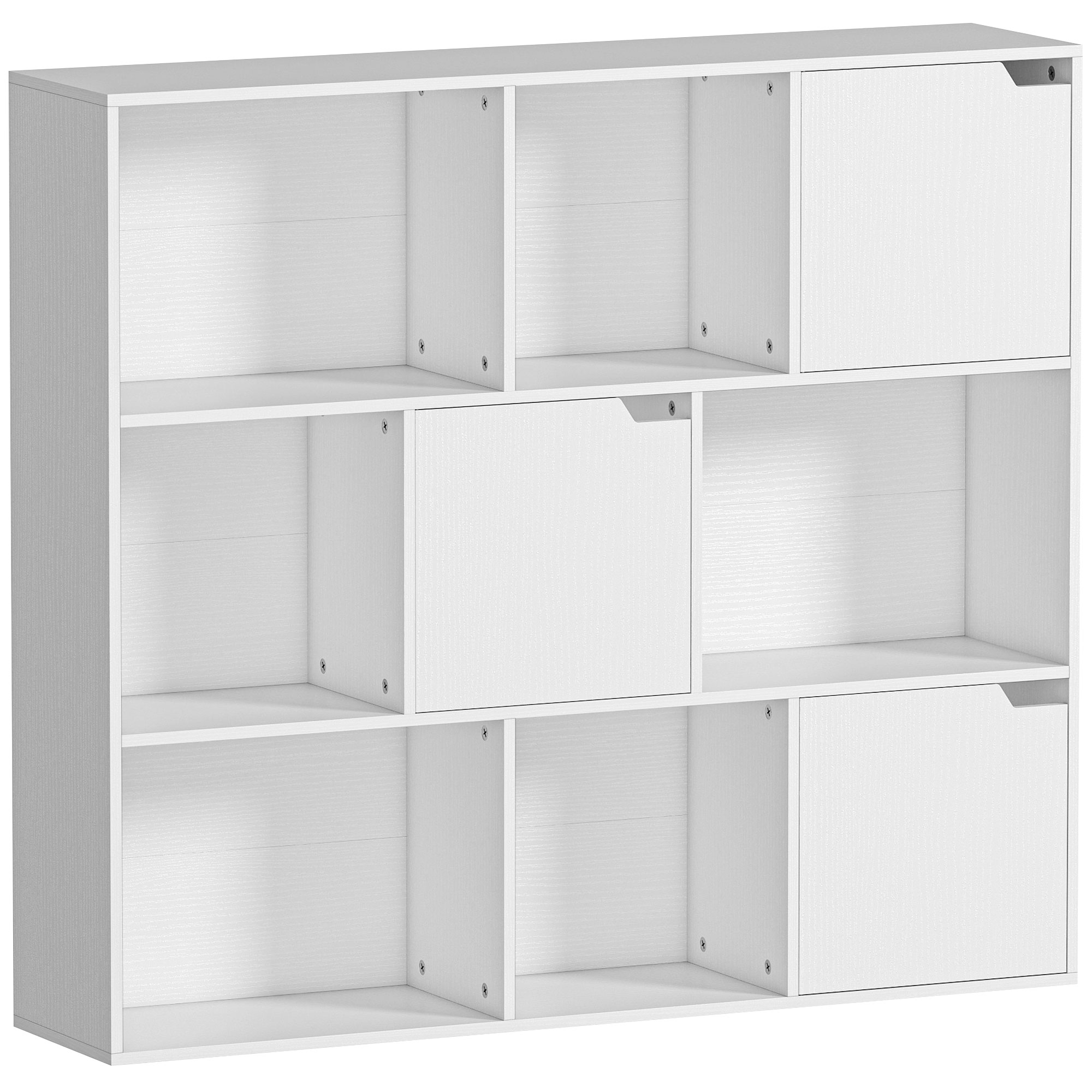 Bücherregal, 9 Fächern, 3 Türen, 6 Offene Regale, Für Wohnzimmer, Schlafzimmer, Spanplatte, Weiß