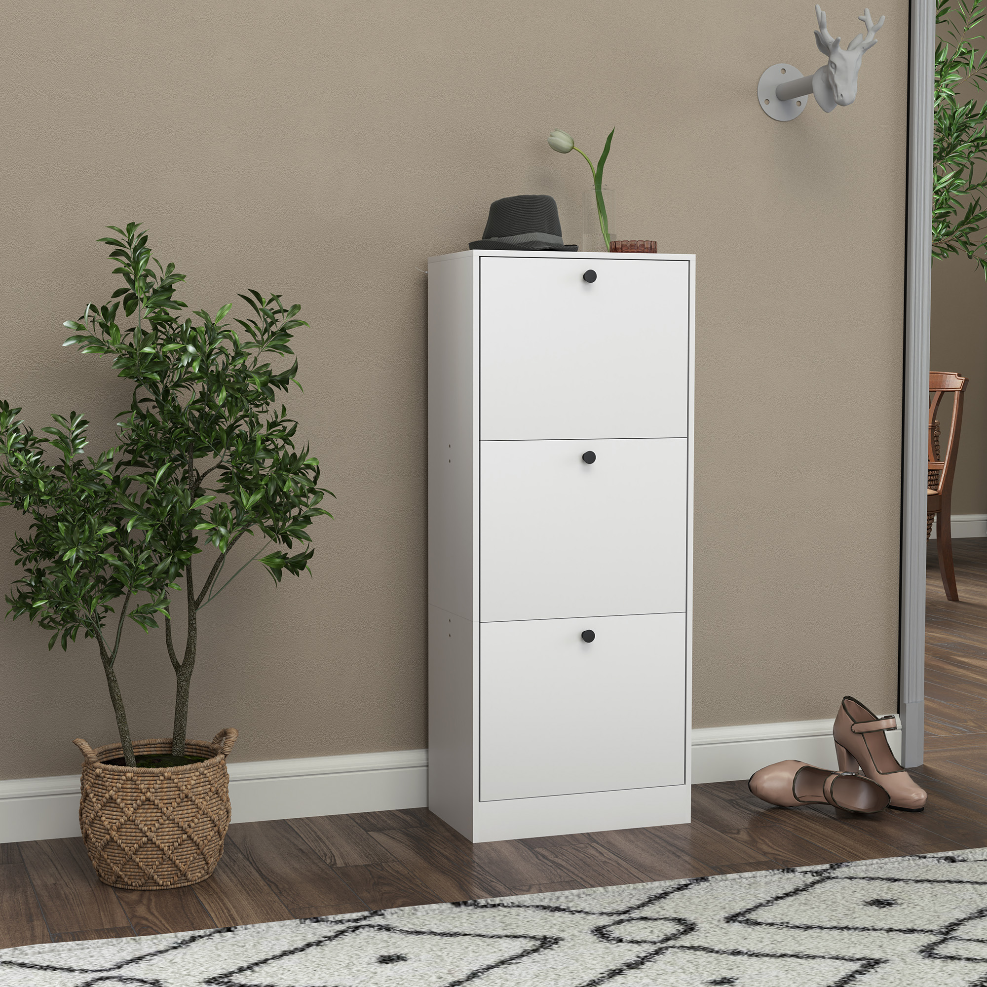 Schuhschrank, Schuhregal, 3 Klappfächer, Verstellbar, Spanplatte, Weiß