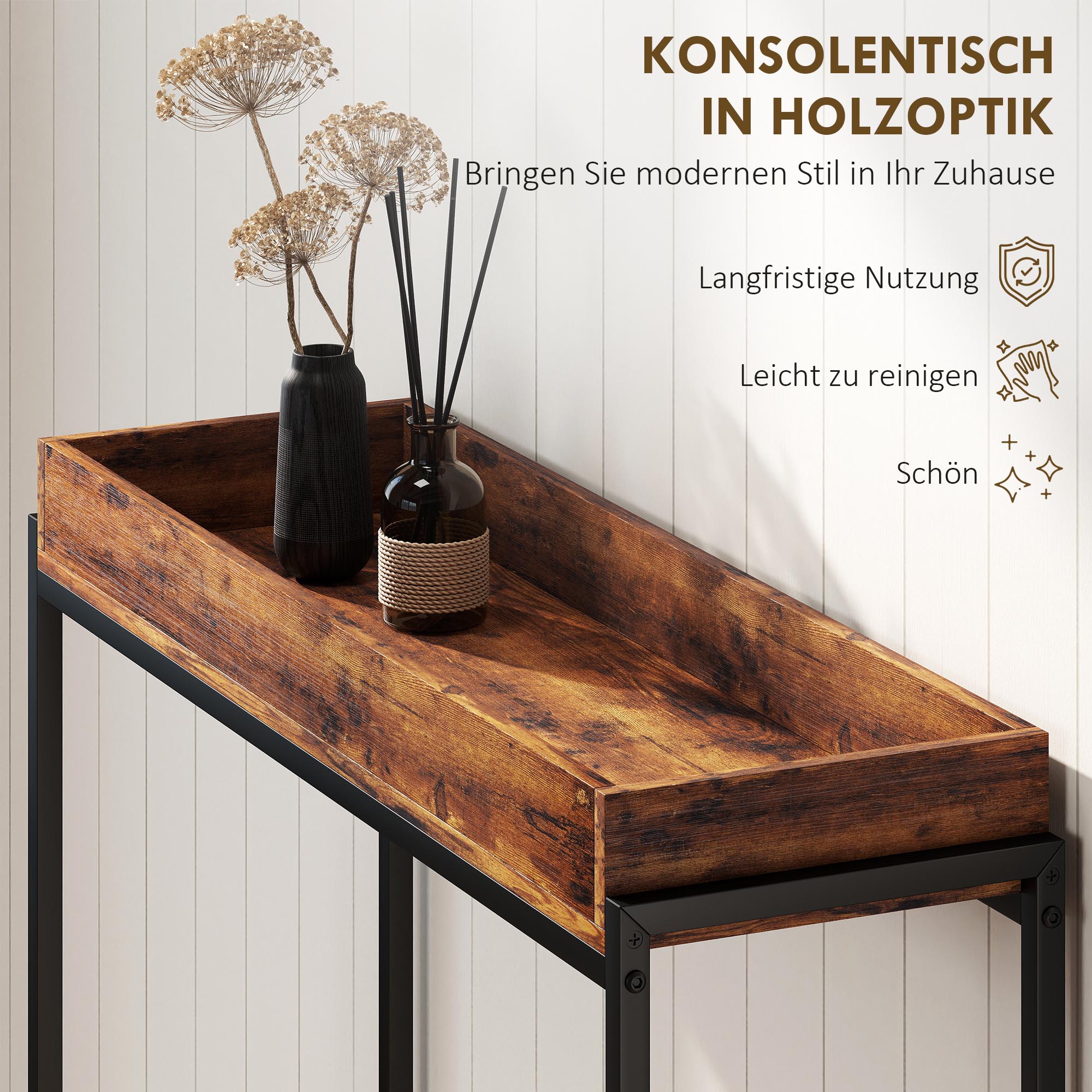 Flurtisch, Schmaler Konsolentisch, Metall, Spanplatte, Rustikal-Braun