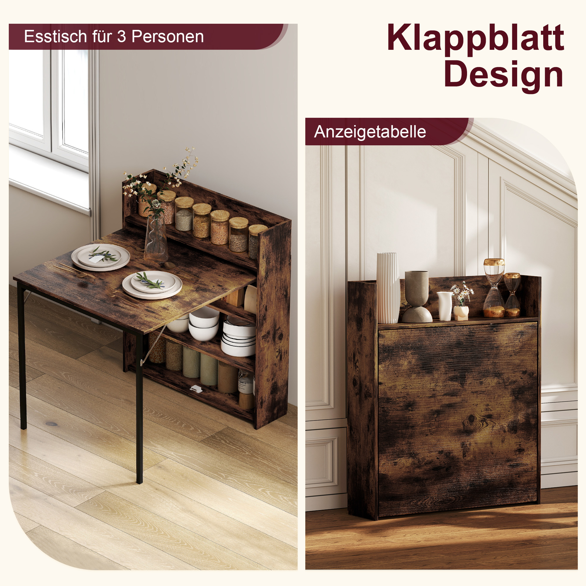 Esstisch Klappbar Mit Regal, Industrie-Design, Platzsparend, Für Kleine Räume, 80x90x93cm, Rustikal-Braun