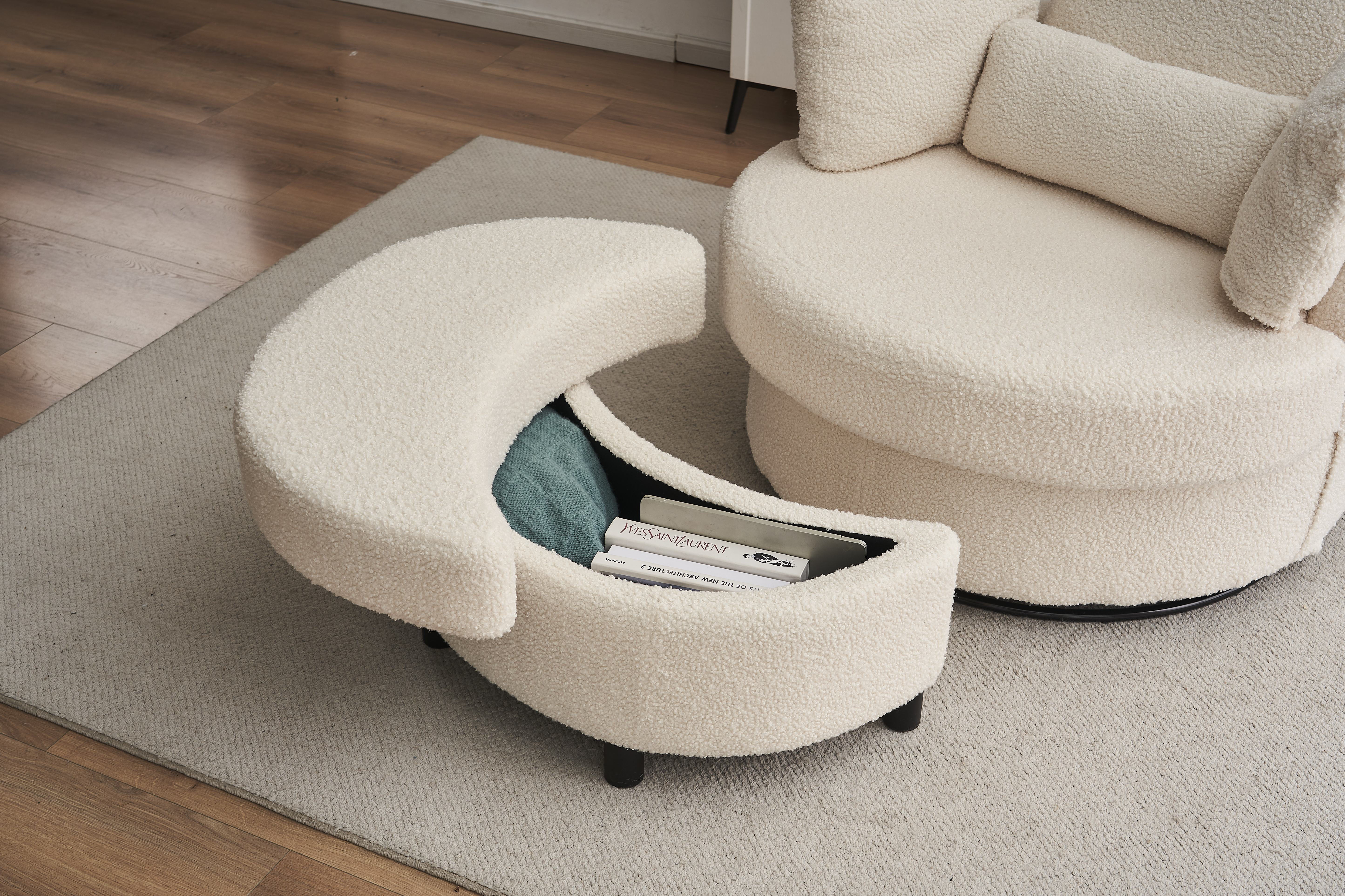 Teddy Swivel Armchair With 3 Back Cushion Pillow Ottoman Crescent Stool, White — image 3