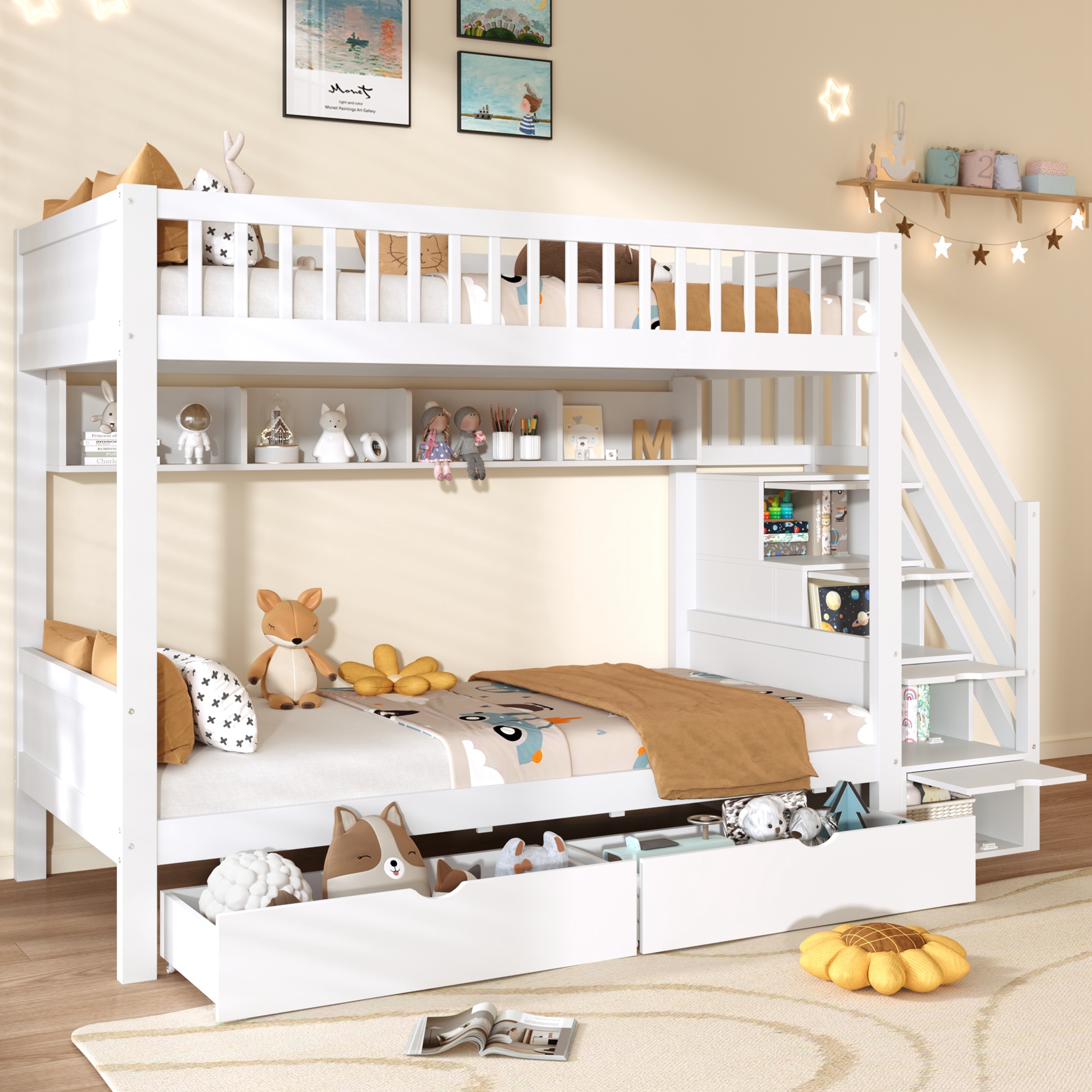 3ft Single Loft Bed With Under Bed Drawers, High-Quality Solid Wood Bunk Bed Frame With Integrated Stairway Storage, Shelving And Hidden Lockers, Safety Guardrails, White   No Mattress