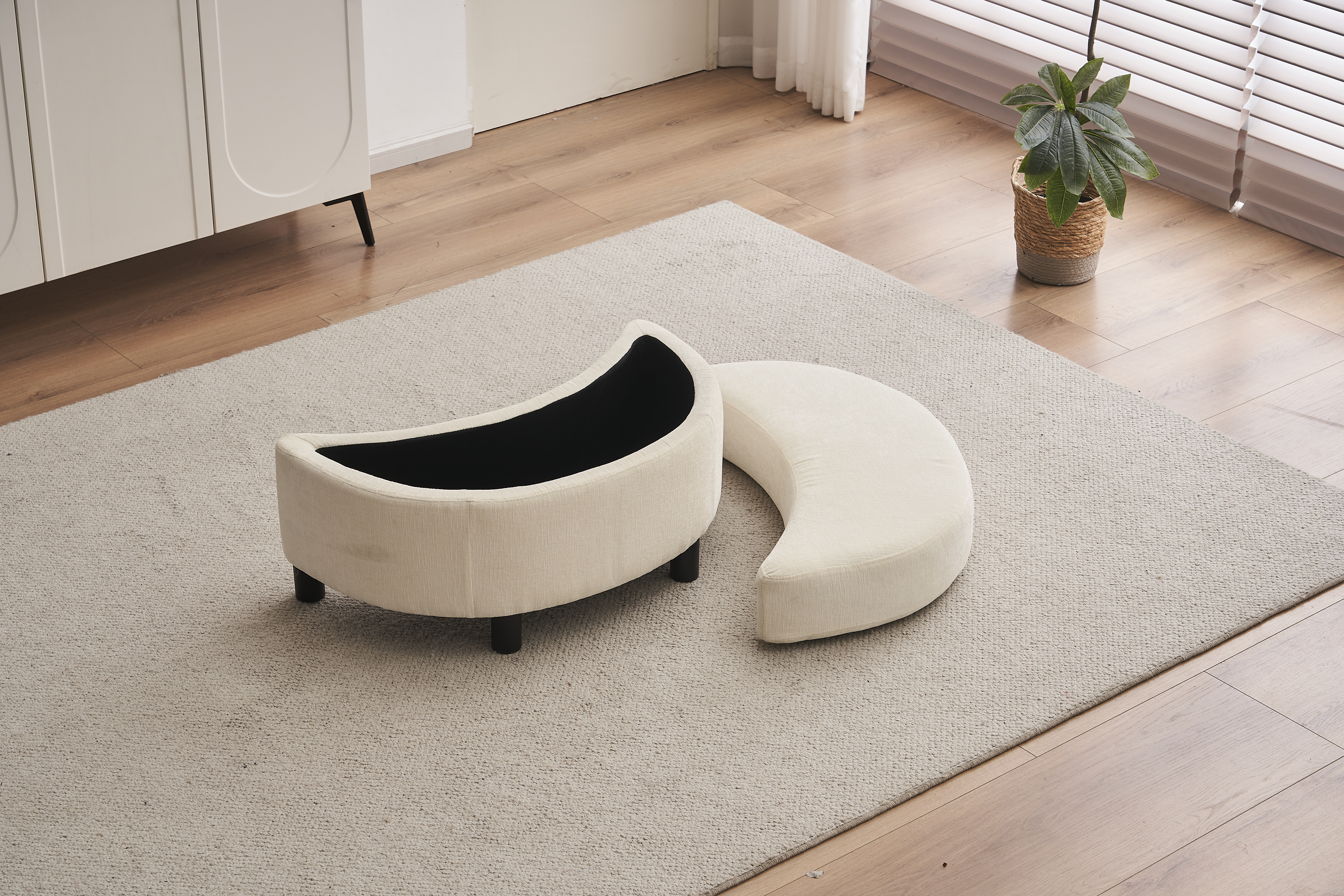 Chenille Swivel Armchair With 3 Back Cushion Pillow Ottoman Crescent Stool, Ivory